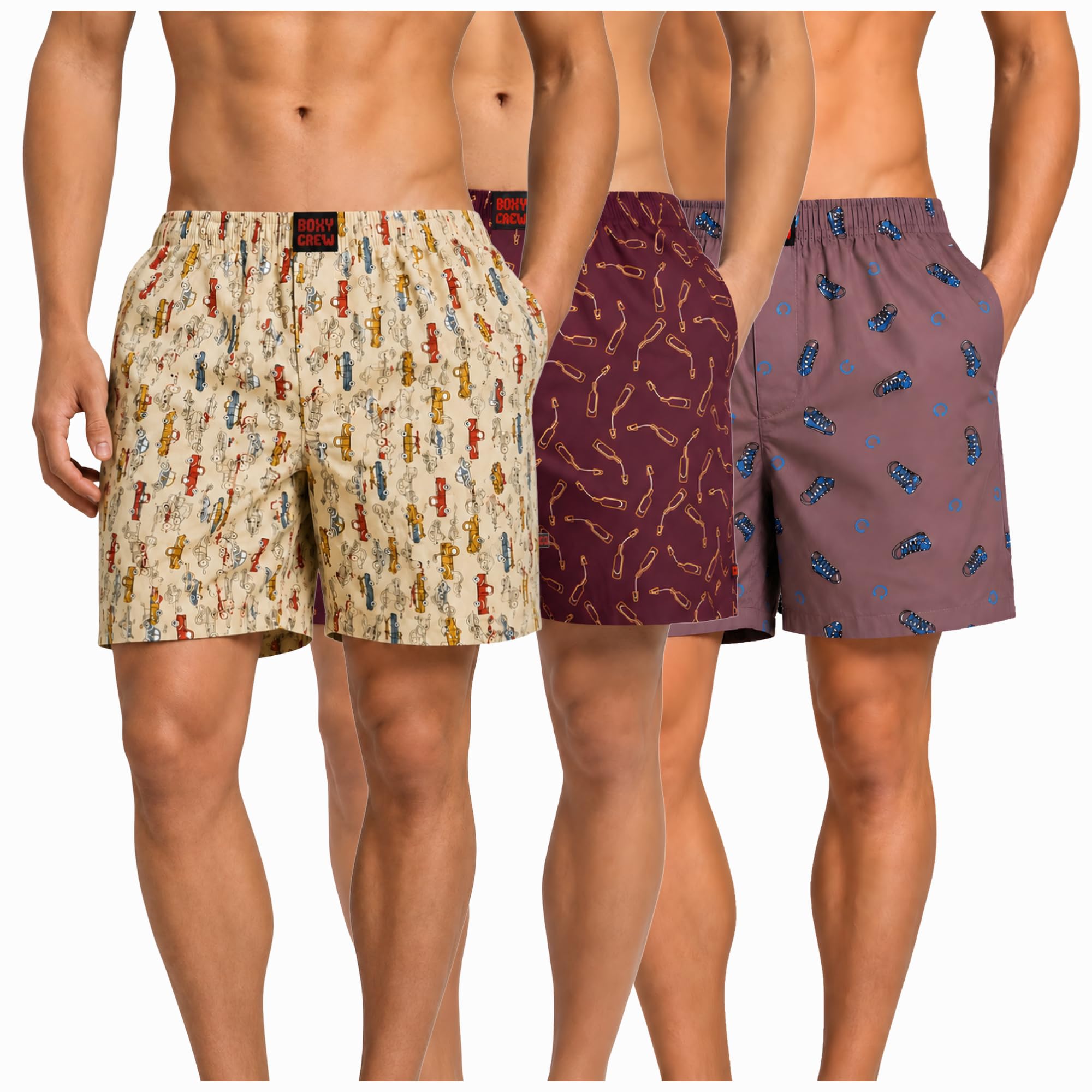 boxy crew Men's 100% Cotton Boxer Shorts Pack of 3, Beige, Maroon & Mauve | Woven Boxers with Side Pockets, No-Marks Elastic Waistband, Breathable Relaxed Fit | Style 013-014-015-picture-32