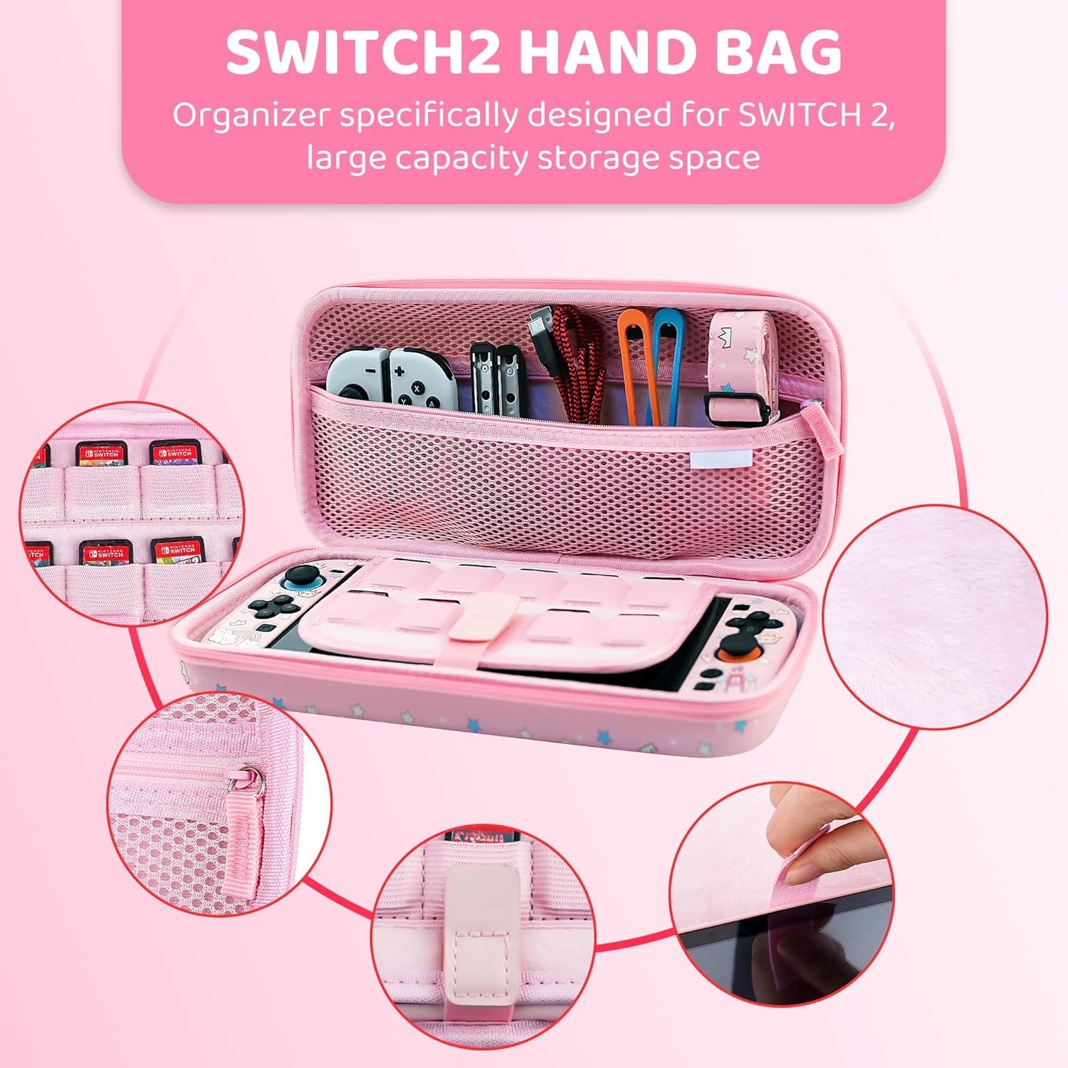 FANPL Cute Carrying Case for Nintendo Switch 2, Protective Cover Accessories Bundle with Travel Skin, Hard Shell, Adjustable Shoulder Strap, Thumb Grips, Screen Protector (Pink Unicorn) - Image 5