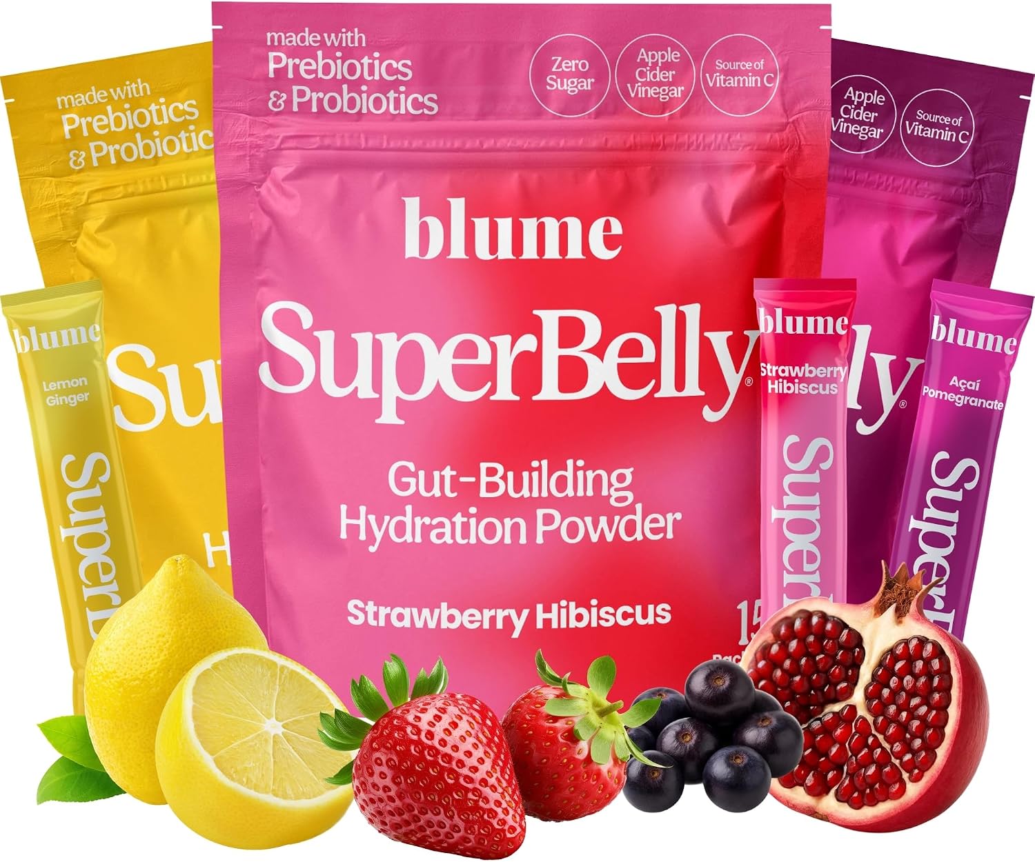 Blume SuperBelly Hydration Variety Pack – Strawberry, Açaí, Lemon, 45sticks