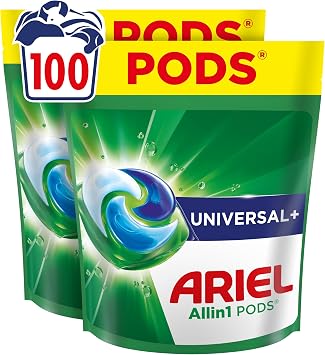 Ariel Waschmittel Pods All-in-1, Flüssigwaschmittelkapseln 100 Wäschen, Universal+, Fleck-Weg-Power ab der 1. Wäsche, selbst in kaltem Wasser
