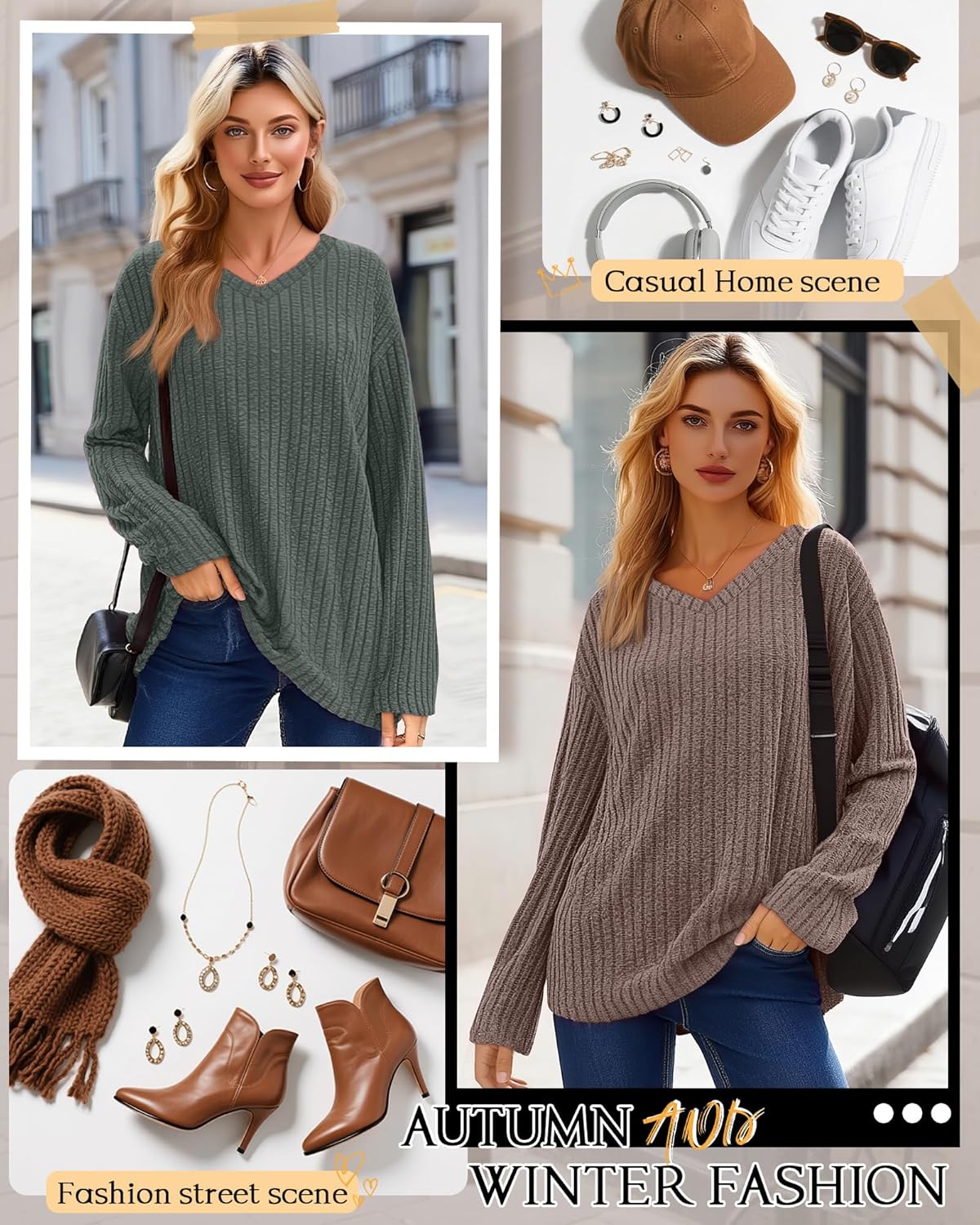 3 Pack Women's Casual Lightweight Sweaters Long Sleeve Knitted Tops V Neck Ribbed Tops Loose Pullover Tees - Image 3