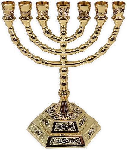 Ateret Judaica Traditiona Jewish Menorah - Palitos de vela con 7 ramas, templo de Jerusalén, menorá de 12 tribus de Israel, 6.6 pulgadas (dorado)