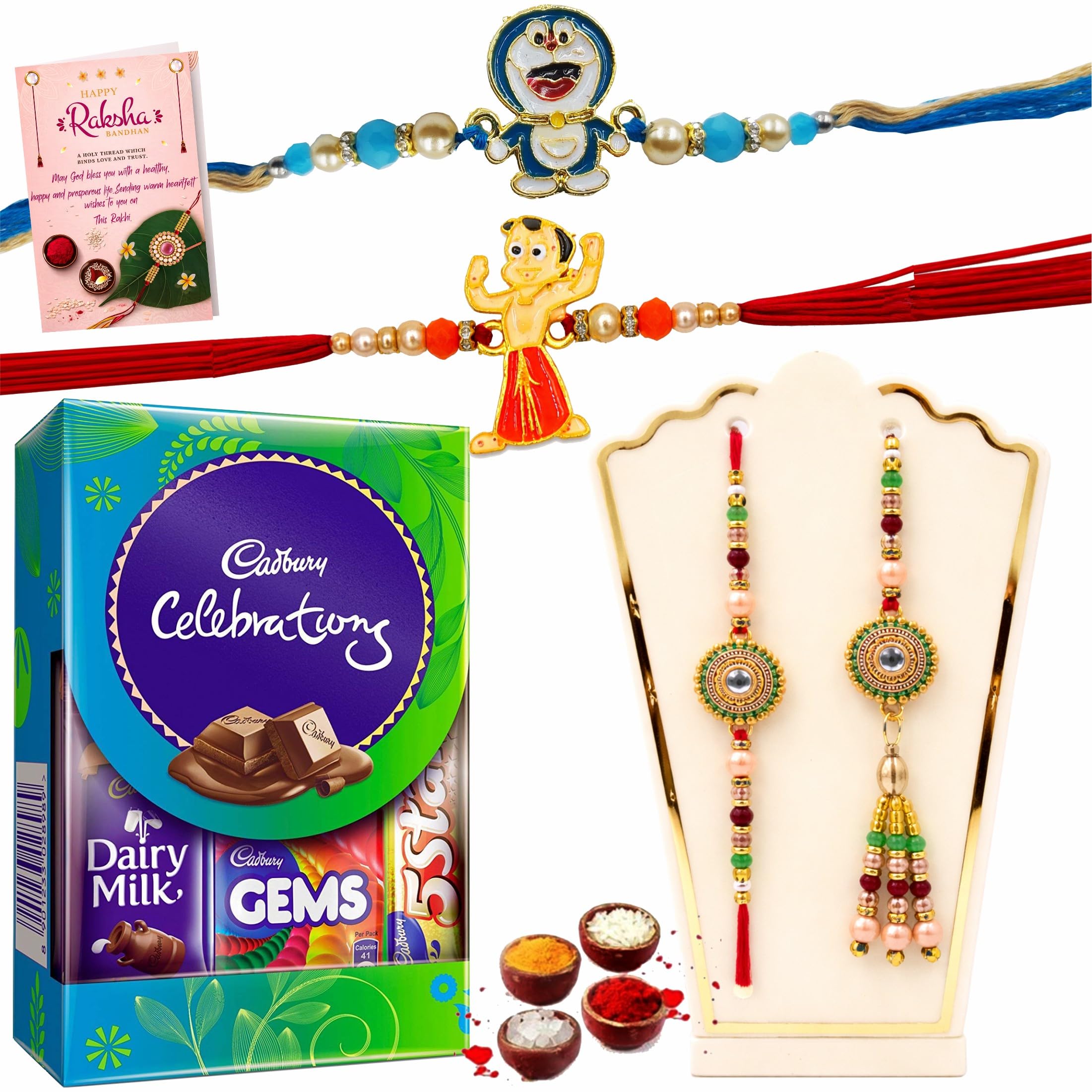 Rakhi for Brother and Bhabhi and Kids- Rakshabandhan Chocolate Gift Hamper Set of 4 Rakhi for Bhaiya, Sister in Law and Children, Premium Designer Rakhi with Lumba and Kids Rakhi Combo Pack with Roli,Chawal-image-28