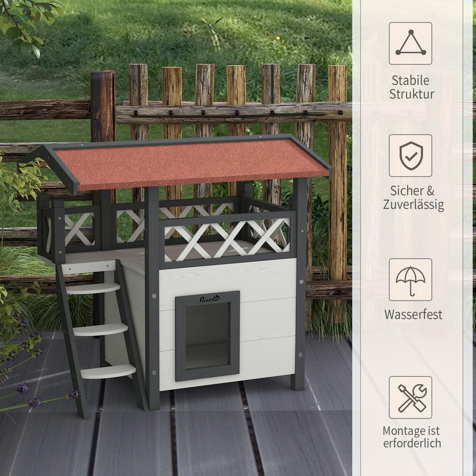 PawHut Katzenhaus aus Holz Winterfest wasserdicht Katzenhütte mit Asphaltdach Terrasse Treppe Katzenhöhle Katzenkiste Outdoor Schutzhütte für Draußen Garten Balkon 77 x 50 x 73 cm, Weiß