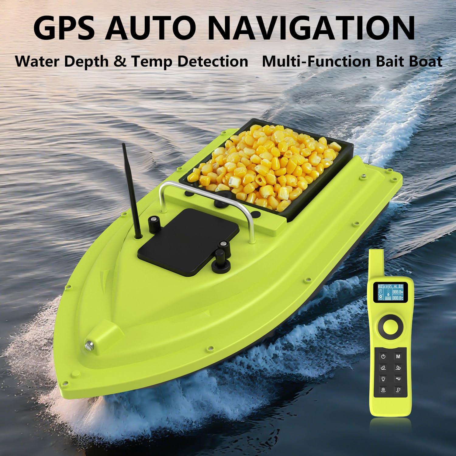 Barco de Pesca con Cebo Inteligente con posicionamiento GPS, Que Mide la Temperatura y la Profundidad del Agua, Retorno automático, Control Remoto de 500 m, Carga de 25 kg.