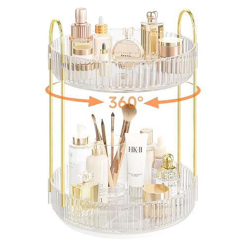 Rotating Makeup Organizer Countertop,Skincare Organizers,Spinning Perfume Tray Stand,Makeup Storage Organizer for Vanity,Bathroom Organizer and Storage,Lazy Susan,2 Tier,Clear