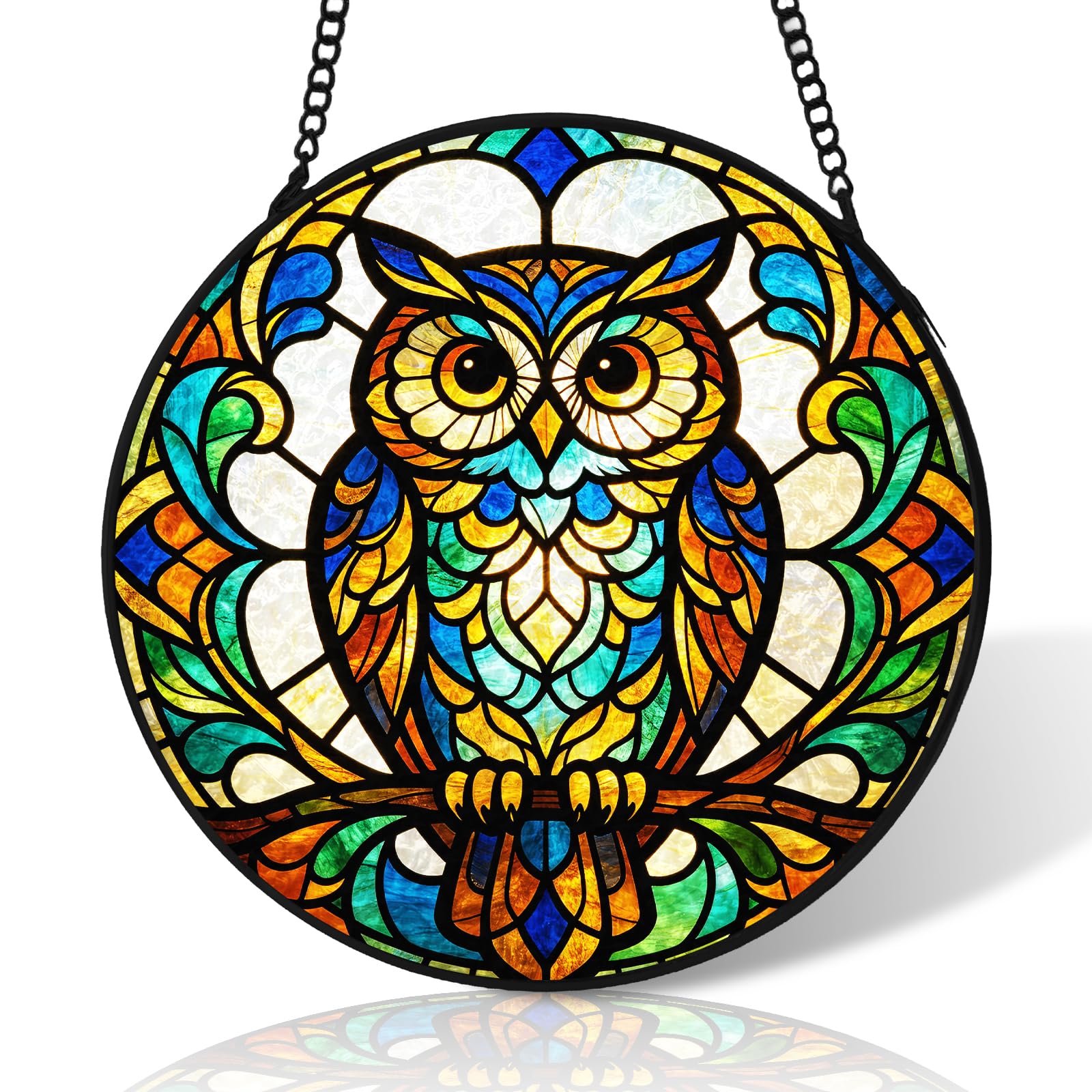 10 inch Owl Stained Glass Suncatcher Windows Hanging,Stained Glass Ornament Home Decor,Suncatchers for Windows Hanging,Birthday Gifts for Women,Lovers,Friend(Black)