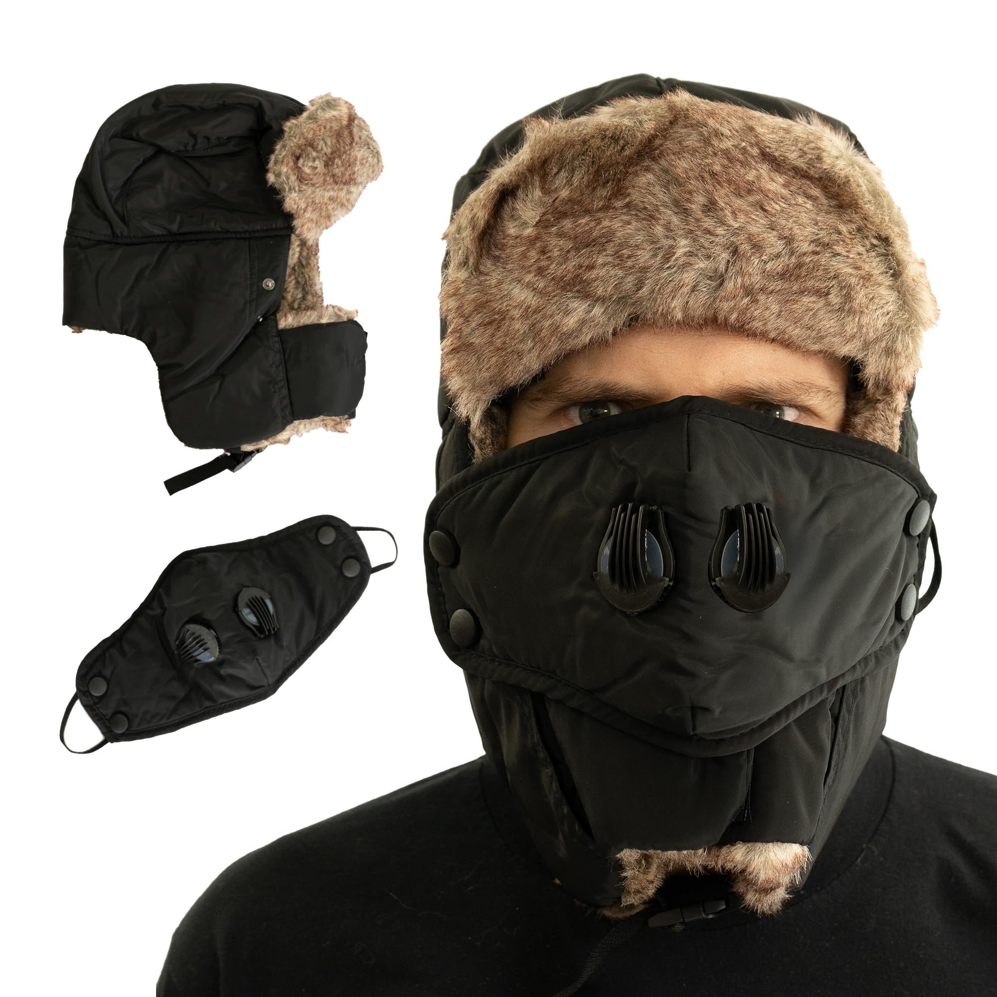 Iconique Unisex Black Trapper Hat For Men & Women - Winter Ushanka Hat With Ear Flaps - Waterproof Fur Bomber Cap - Russian Sheepskin Aviator - Deerstalker Hats For Men