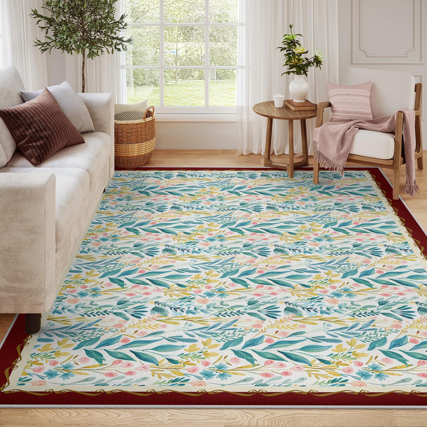 Tapis floral aquarelle 160x230cm lavable et antidérapant pour salon