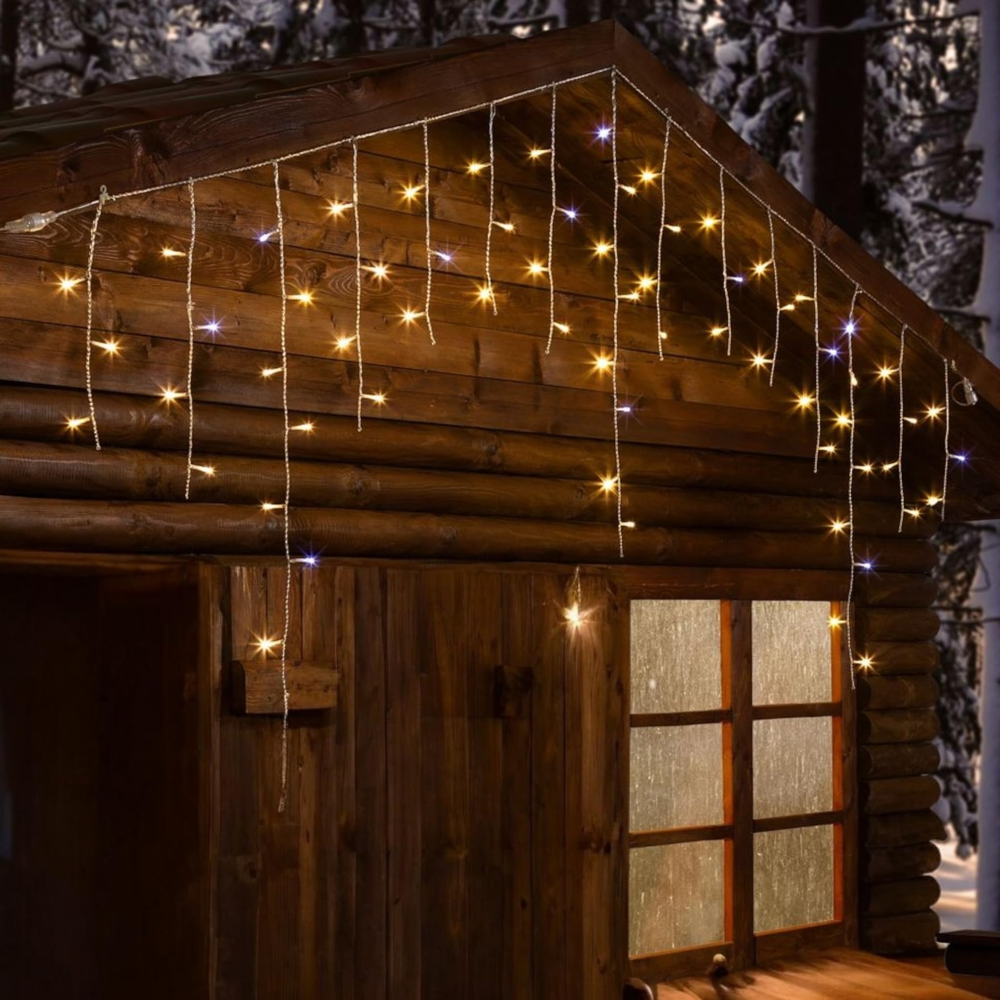 Tenda Luminosa Natalizia 10 metri Stalattiti a LED 380 Luci Bianco Caldo + Flash Bianco Freddo per Interno ed Esterno IP44 (Luce calda + flash bianco, 10 Metri)
