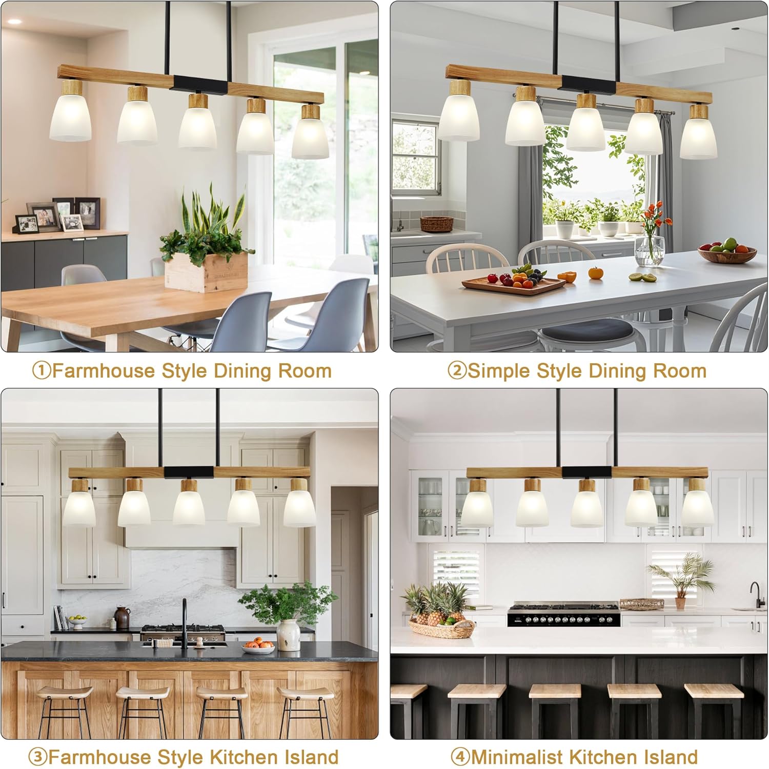 5-Light Kitchen Island Lighting， Dining Room Light Fixture/Chandelier Over Table, Hanging for Farmhouse Linear Chandeliers, Rustic Wood Ceiling Pendant Light Fixtures， with Frosted Glass Shade