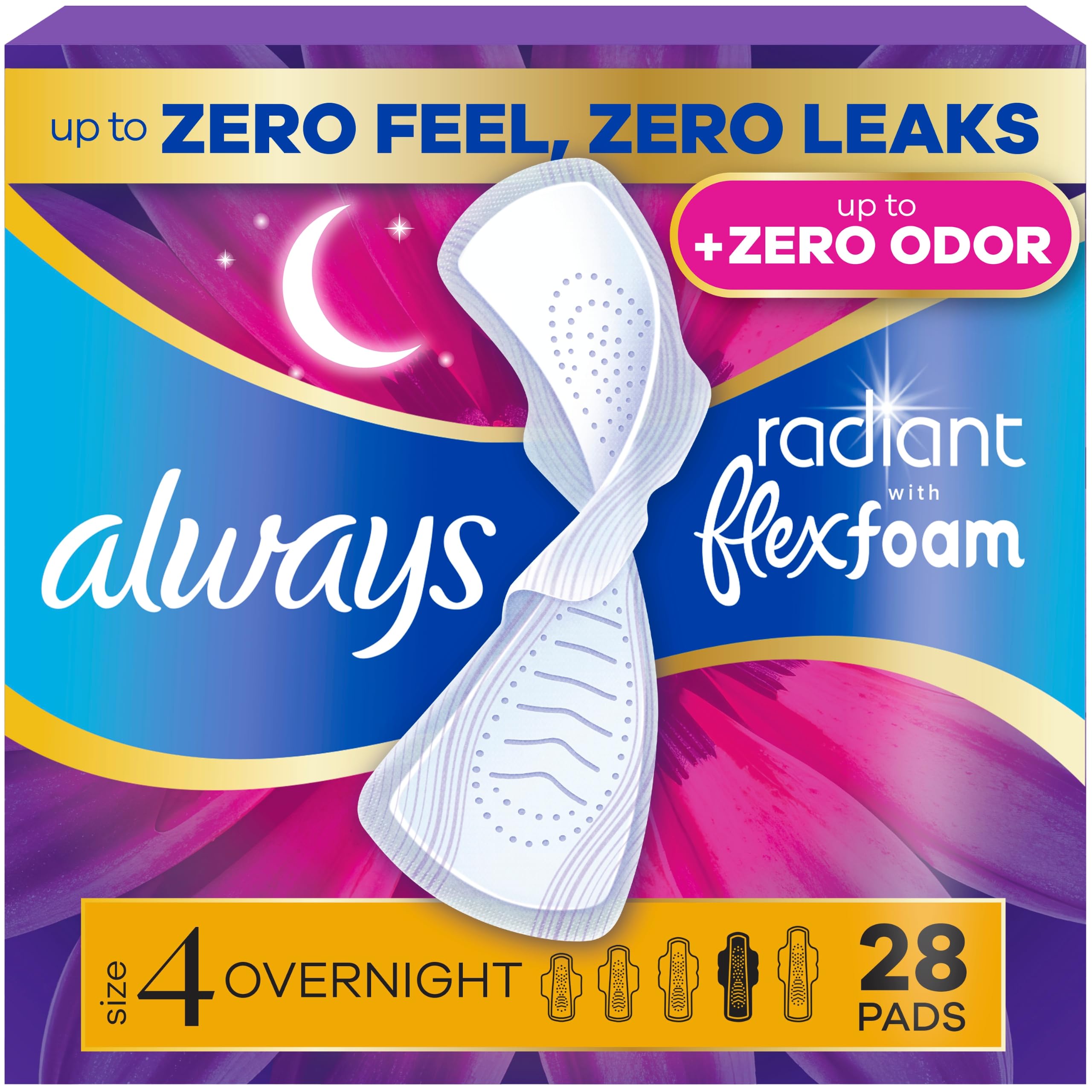 Always Radiant mit FlexFoam-Pads für Frauen, Größe 4, Übernachtungskissen mit Flügeln, parfümiert, bis zu null Gefühl, kein Auslaufen, 28 Stück