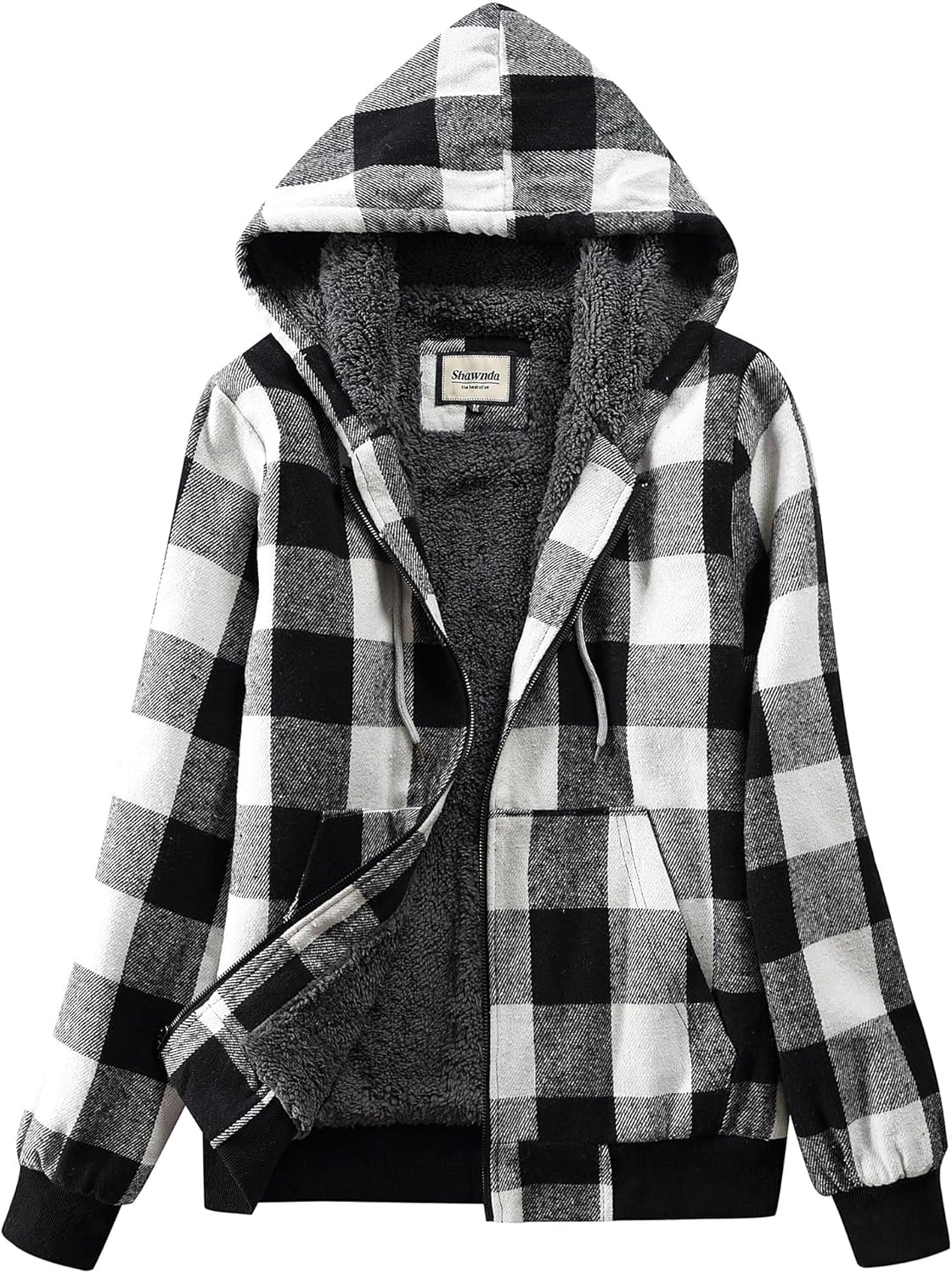 Shawnda Women's Flannel Casual Plaid Full Zip Up Sherpa Lined Hoodie Jacket Coat with Pockets