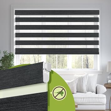 No Drill No Tools Cordless Dual Layer Zebra Blinds for Windows, Blackout Zebra Shade for Indoor Windows,Easy to Install Thermal Insulated Blinds, Black, 46.5" W x 72" H
