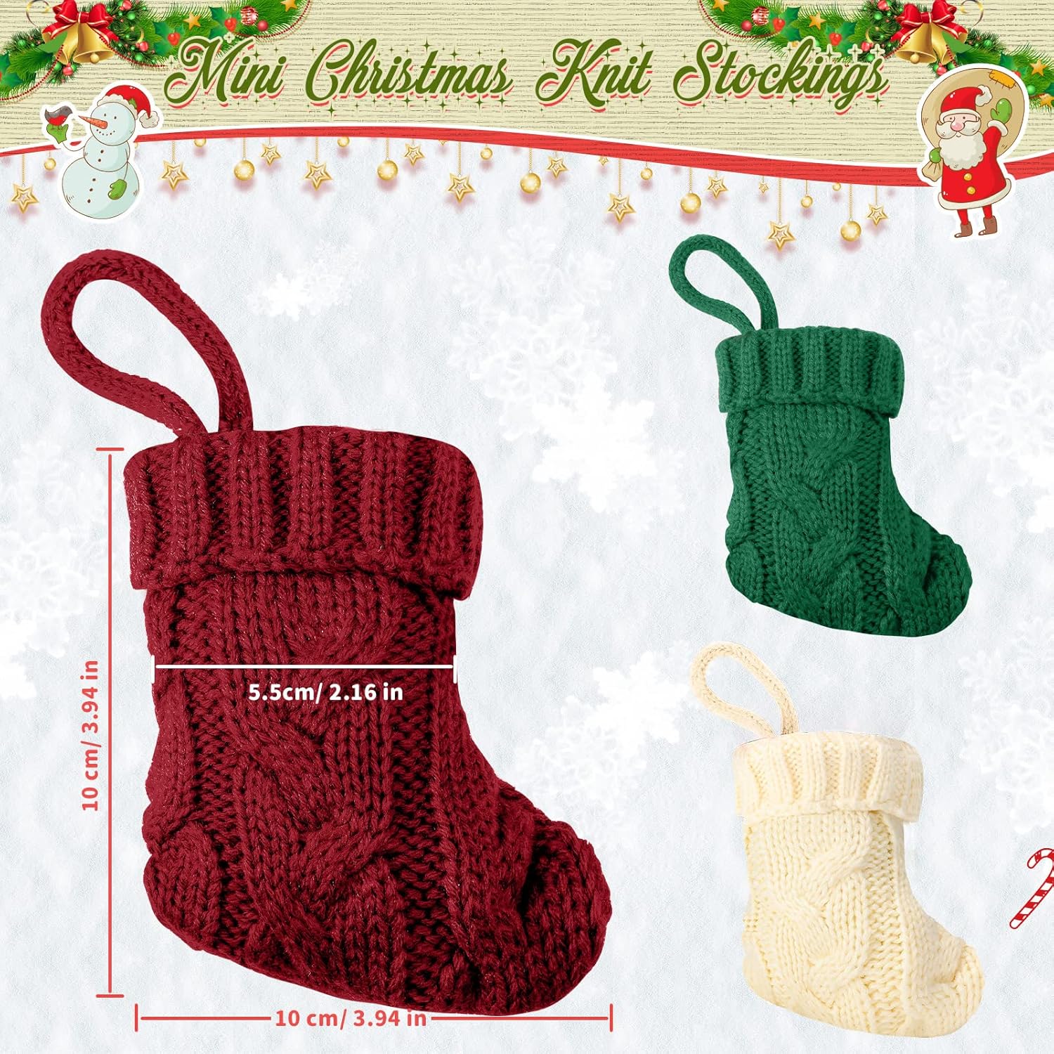 Jerify 24 Pcs Mini Christmas Stockings 3.94 Inch Knitted Stocking Small Xmas Christmas Hanging Stocking Little Rustic Christmas Tree Ornaments for Home Party Holiday Decor (Wine Red, Beige, Green)