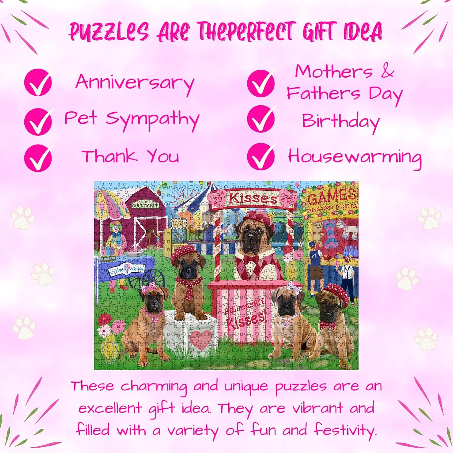Carnival Kissing Booth Bullmastiff Dogs Jigsaw Puzzle for Adults - Animal Printed Interlocking Puzzle Game Artwork - Gift for Dog Lover's - 500 Pcs 20.5"x15"