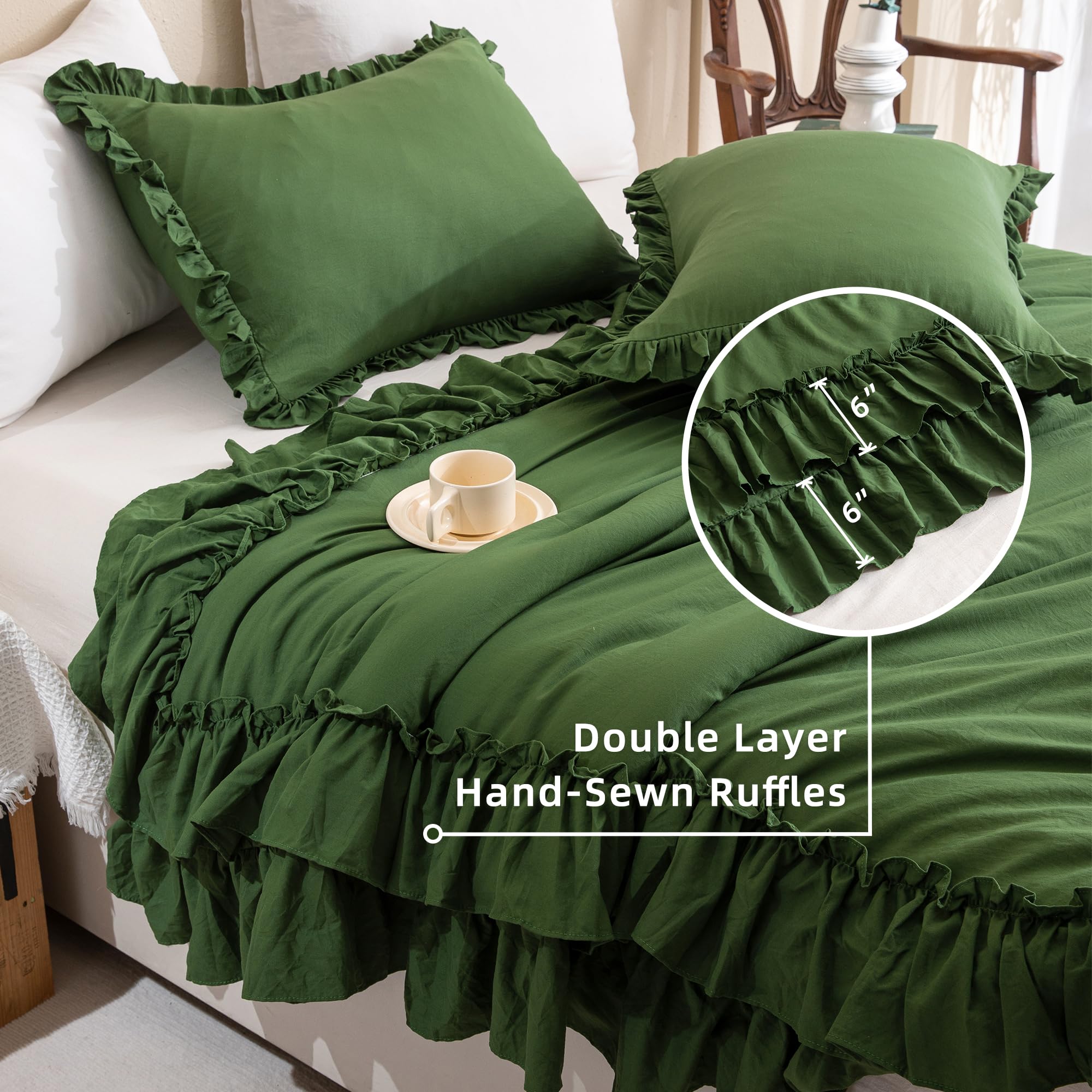 QSH Ruffled Comforter Set Queen Size, Olive Green Farmhouse Bedding ...