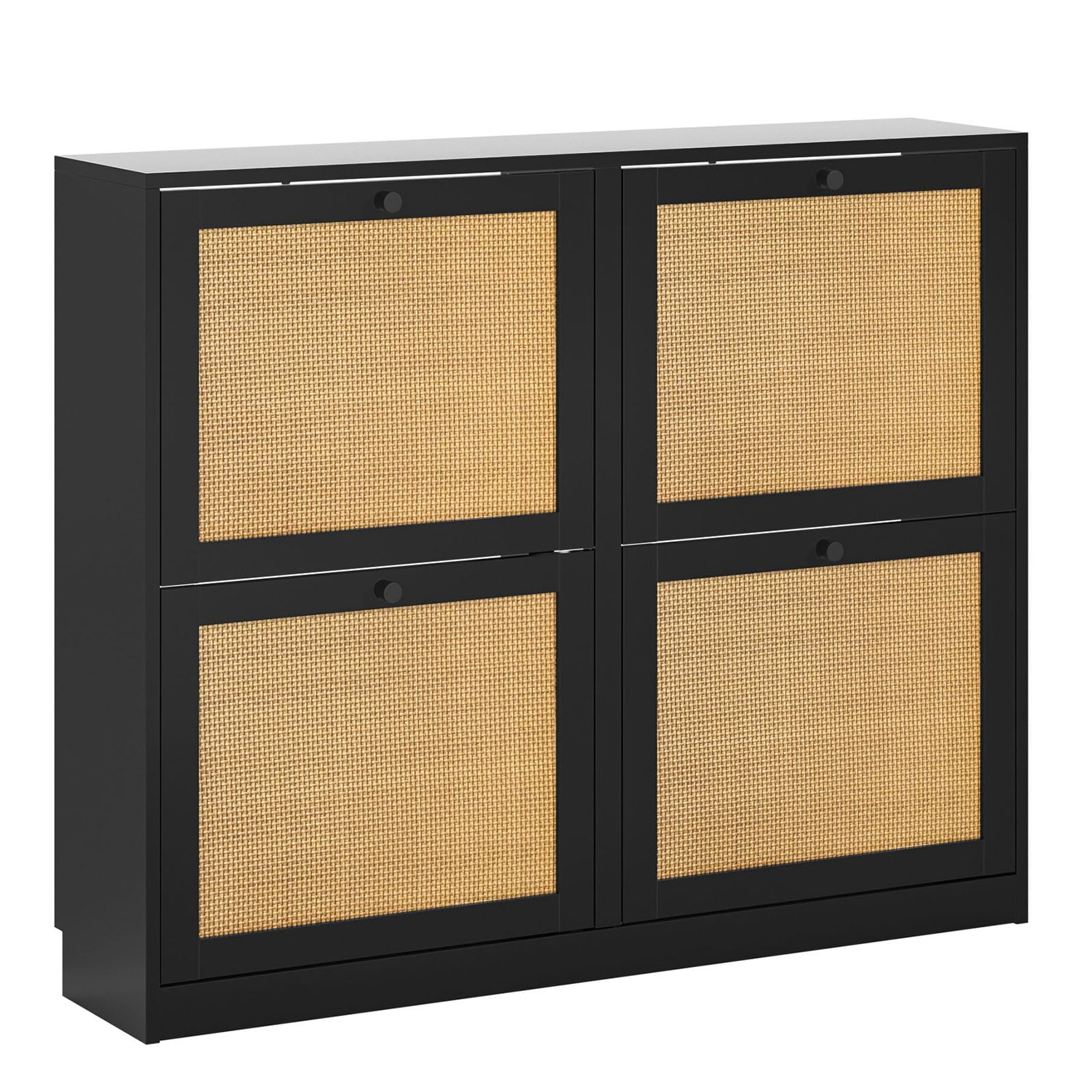 Skokliz Rattan Shoe Storage Cabinet with 4 Flip Drawers, Freestanding Hidden Shoe Cabinet Organizer with Adjustable Shelf, Narrow Shoe Cabinet for