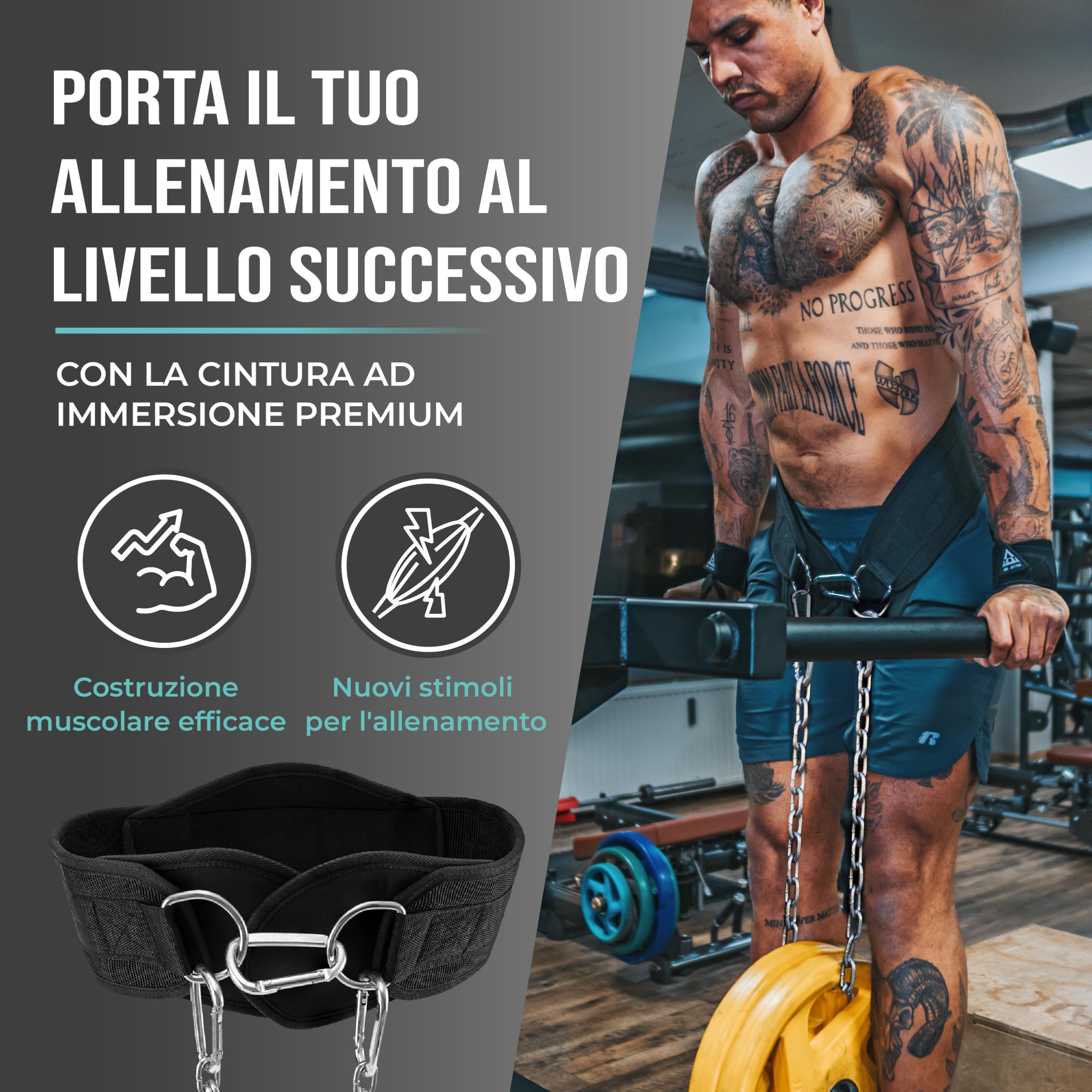 PULLUP & DIP Cintura Zavorra Cintura per Sollevamento Pesi per Aumentare la Muscolatura, Cintura per Dip con Catena d'Acciaio e 3x Moschettoni, Cintura Palestra per Calisthenics e Allenamento