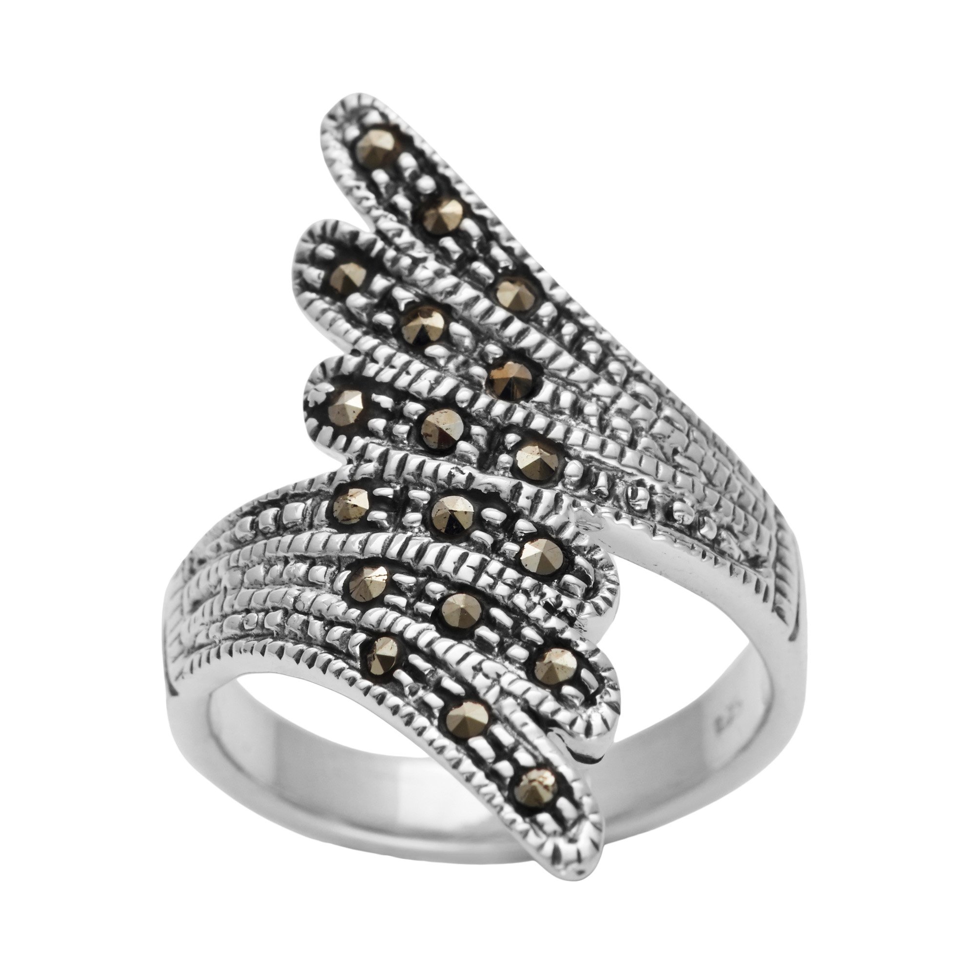 Silverly Anillo Ancho Plumas Marcasita Plata 925, Estilo Vintage Años 20 | Anillo Alas Pájaro Plata de Ley Mujer | Joyería Art Nouveau Inspirada Naturaleza | Anillos Llamativos Estilo Gótico Art Déco