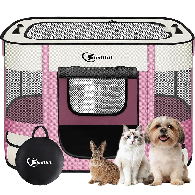 Cercado portátil para cães e gatos Siedihit com tela de malha e tecido Oxford, Pink, 71,12 cm