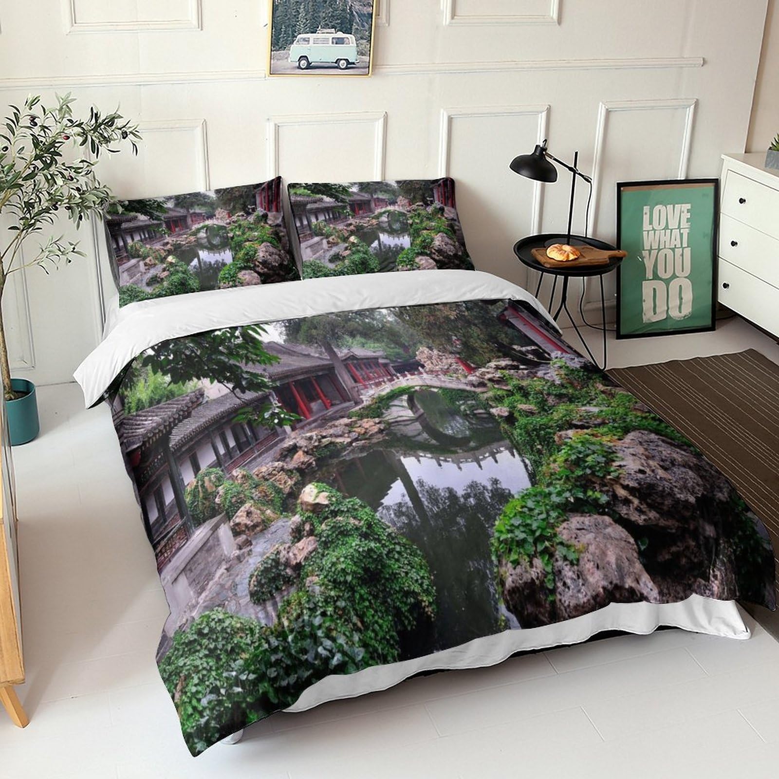 Parure de lit 3D architecture chinoise en microfibre avec housse et taies
