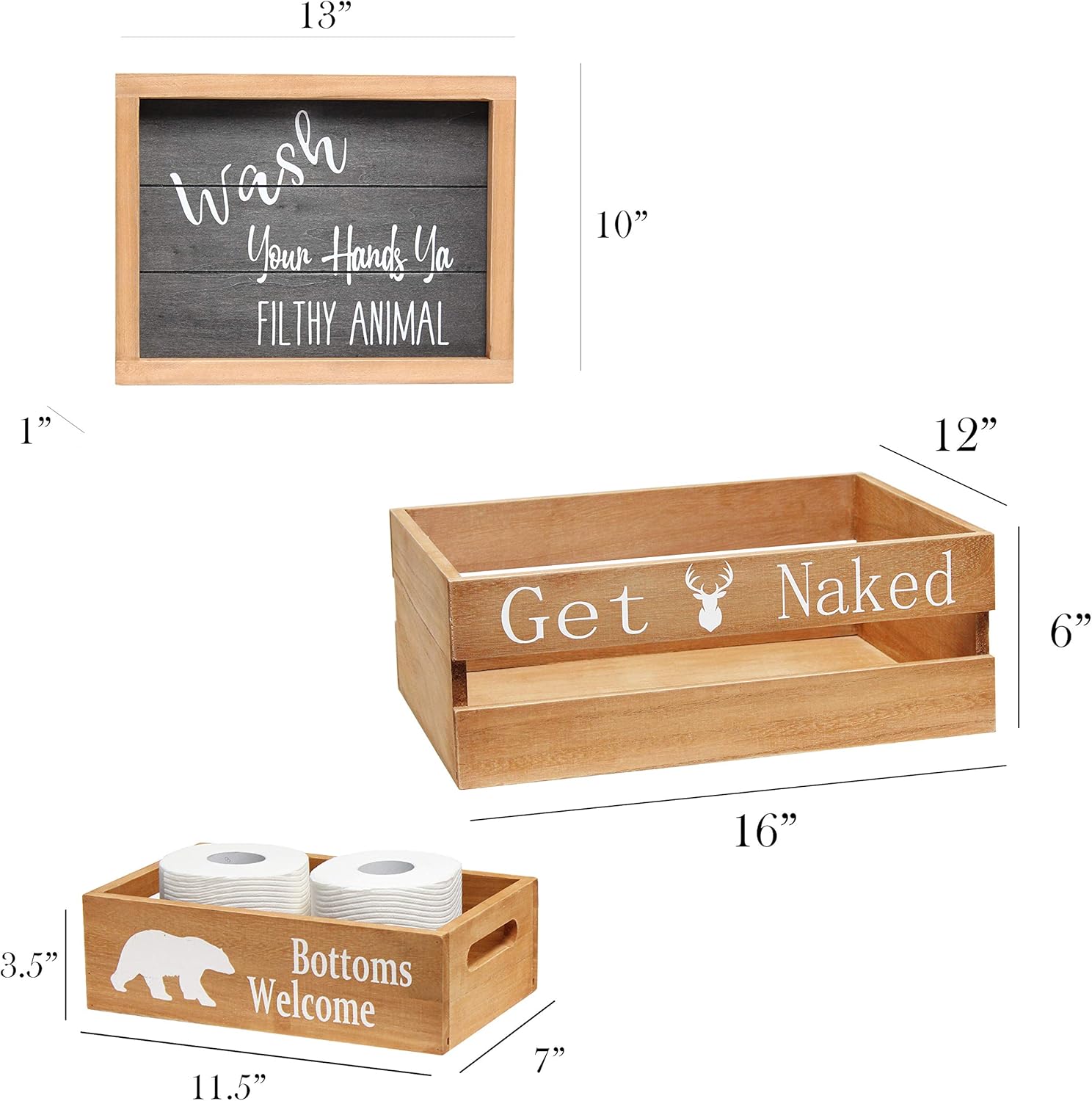 Exсluѕіvе Elegant Designs HG3000-NCL Three Piece Decorative Wood Bathroom Set Large, Cabin,Lodge,Rustic (1 Towel Frame, 1 Toilet Paper Holder), Natural