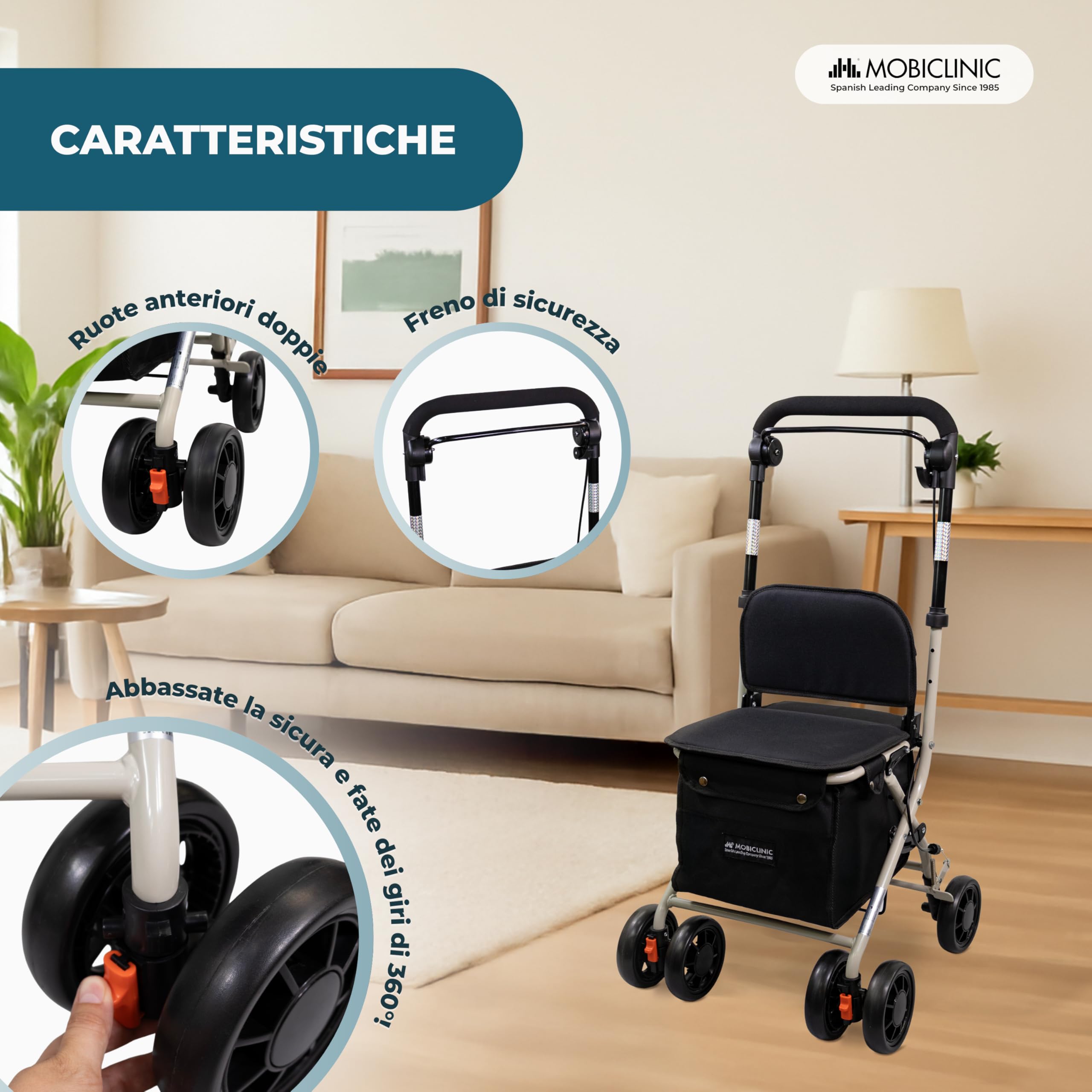 Mobiclinic®, Deambulatore pieghevole per anziani, Carrello spesa, 21 l, Modello coliseo, Marchio europeo, Con borsa della e freni, Sedile imbottito, Monoleva, Acciaio