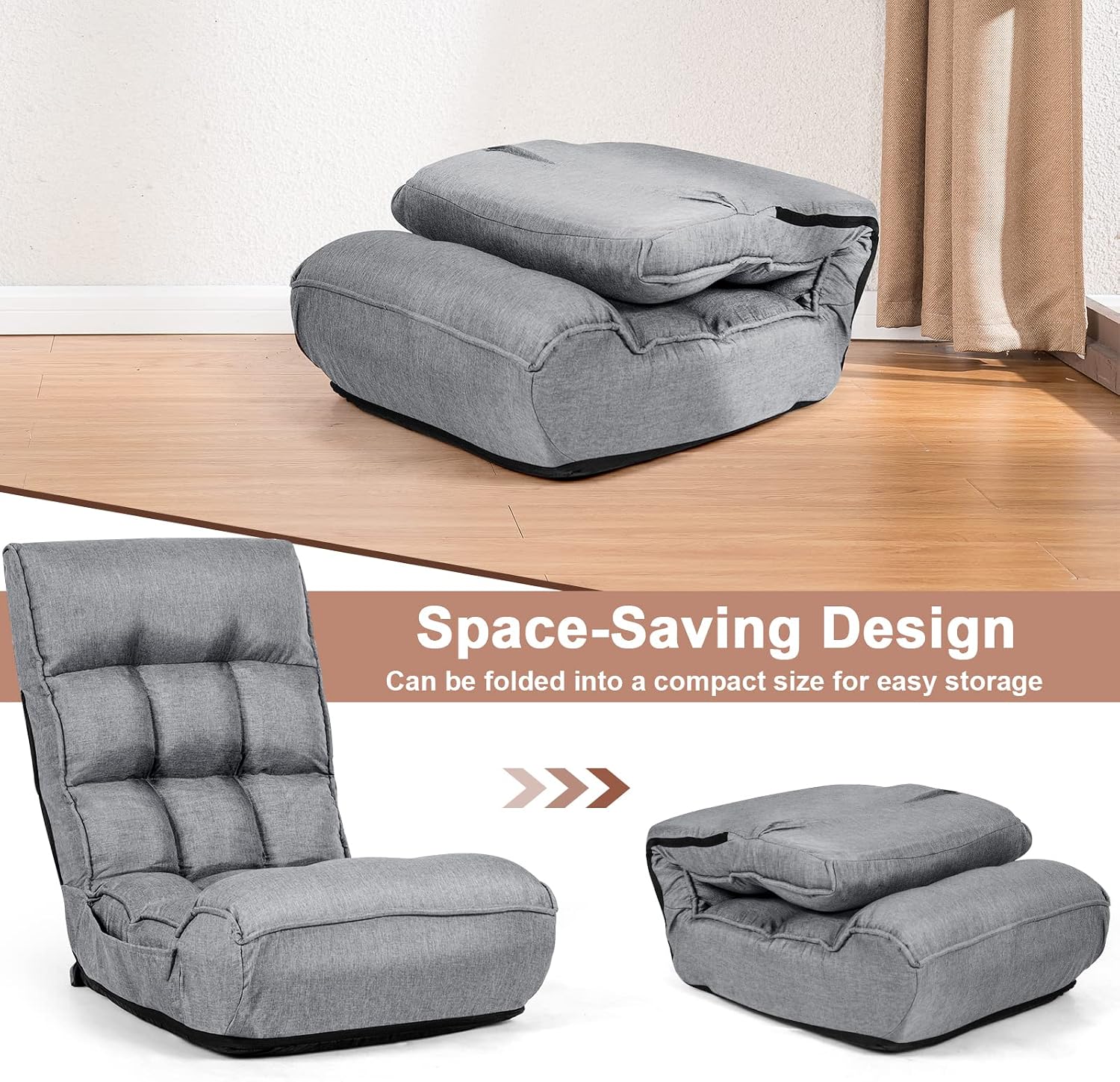 COSTWAY Folding Floor Lounge Chair, Floor Gaming Chair with 5-Position Adjustable Head & 4-Position Adjustable Backrest, Indoor Lazy Sofa Recliner for Bedroom, Living Room (Grey)