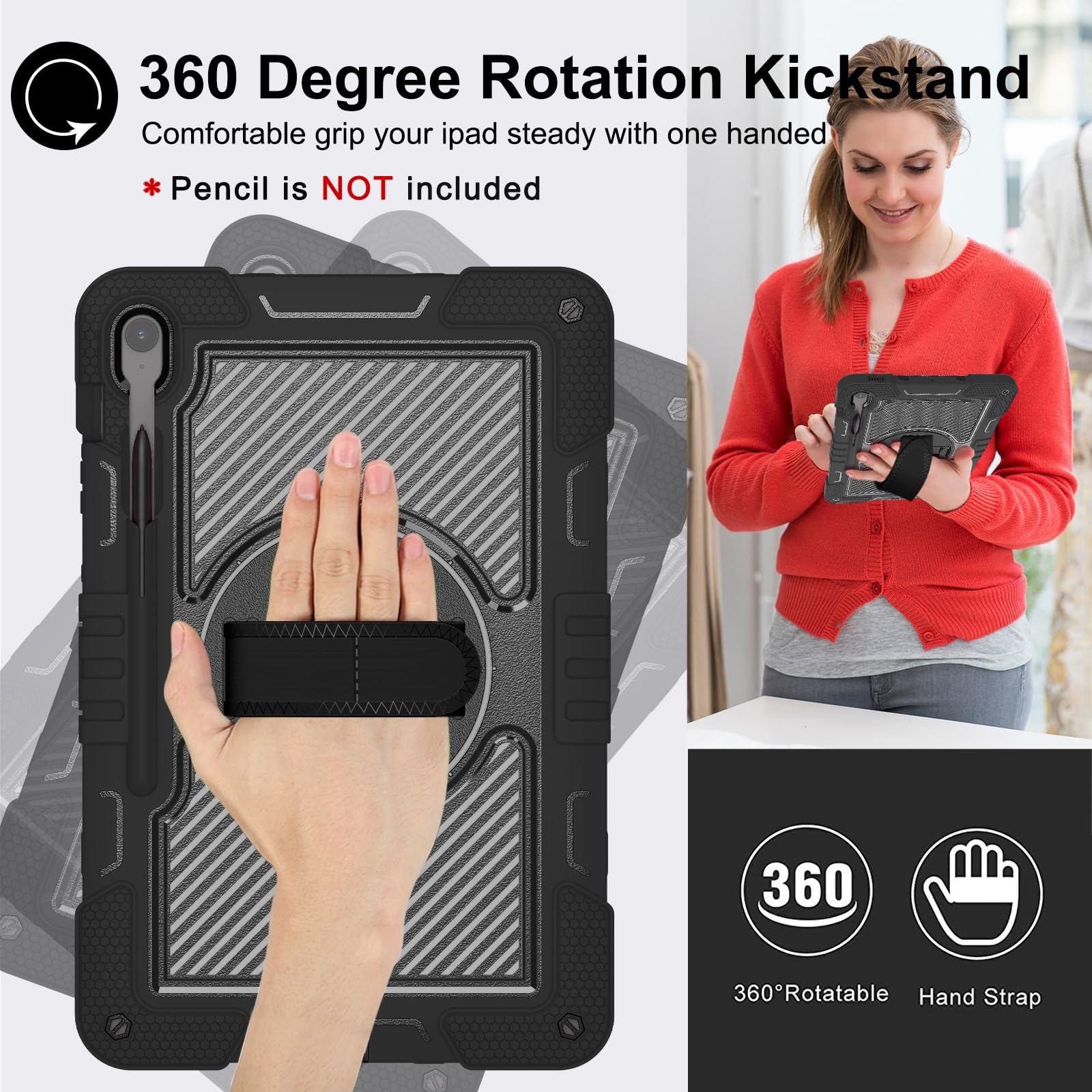 Custodia protettiva antiurto per Samsumg Galaxy Tab S10 FE+/S10 FE Plus 13" 2025, custodia protettiva antiurto con cinghia da polso e tracolla, supporto stabile in silicone (nero)