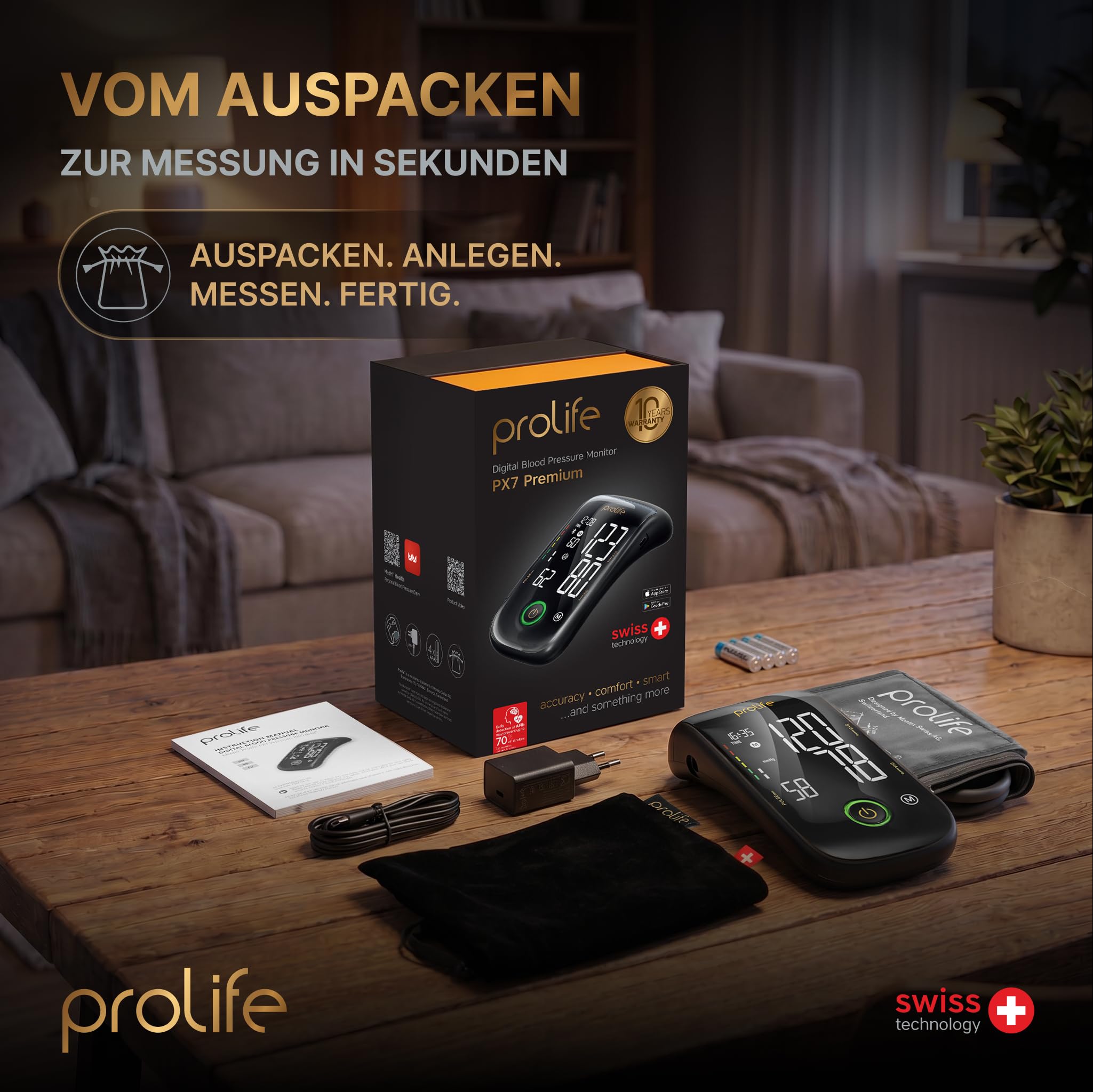 prolife PX7 Premium Blutdruckmessgerät Oberarm mit AFib, Digitales Blutdruckmessgerät mit App, Blutdruckmessgerät Bluetooth, Blutdruckmanschette