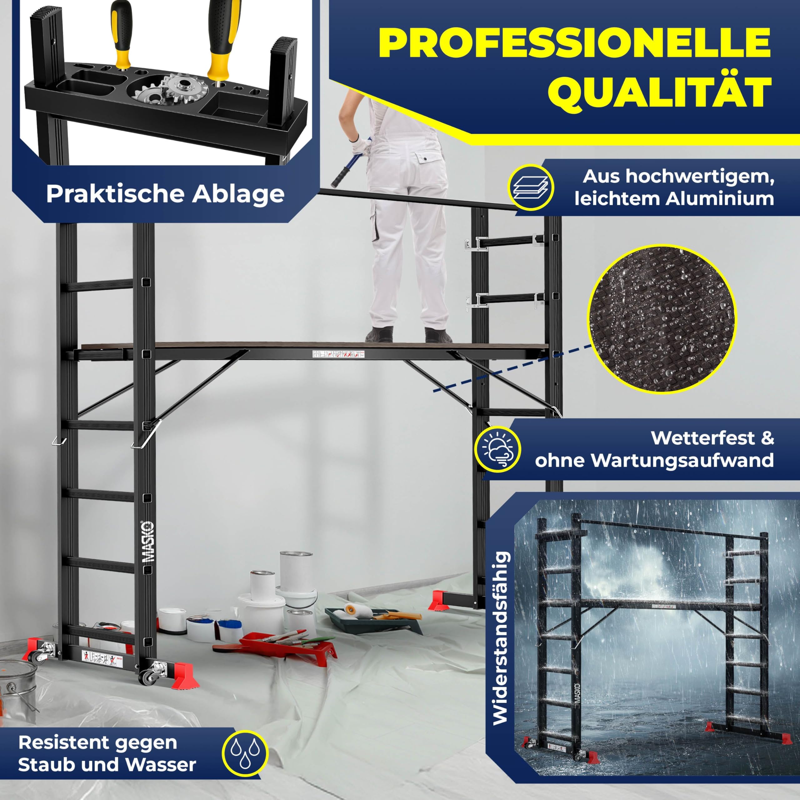 MASKO® Alugerüst 4in1, Baugerüst, Arbeitsgerüst & Gerüstleiter, Mehrzweckleiter als Anlegeleiter, Treppenleiter & Arbeitsbühne, bis 150kg belastbar, Anti-Rutsch beschichtet, GS geprüft EN131 + Ablage