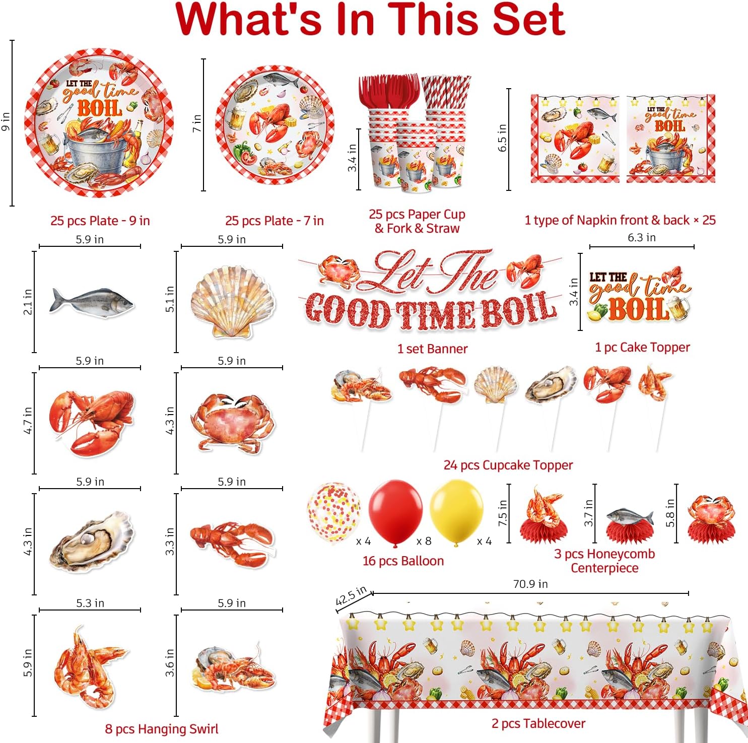 205pcs Seafood Boil Party Supplies-Serves 25, All-in-one Shrimp Boil Party Supplies With 350gsm Seafood Boil Plate, Cake Topper, Tablecloth, Centerpiece, Banner, Hanging swirl, Balloon - Image 2