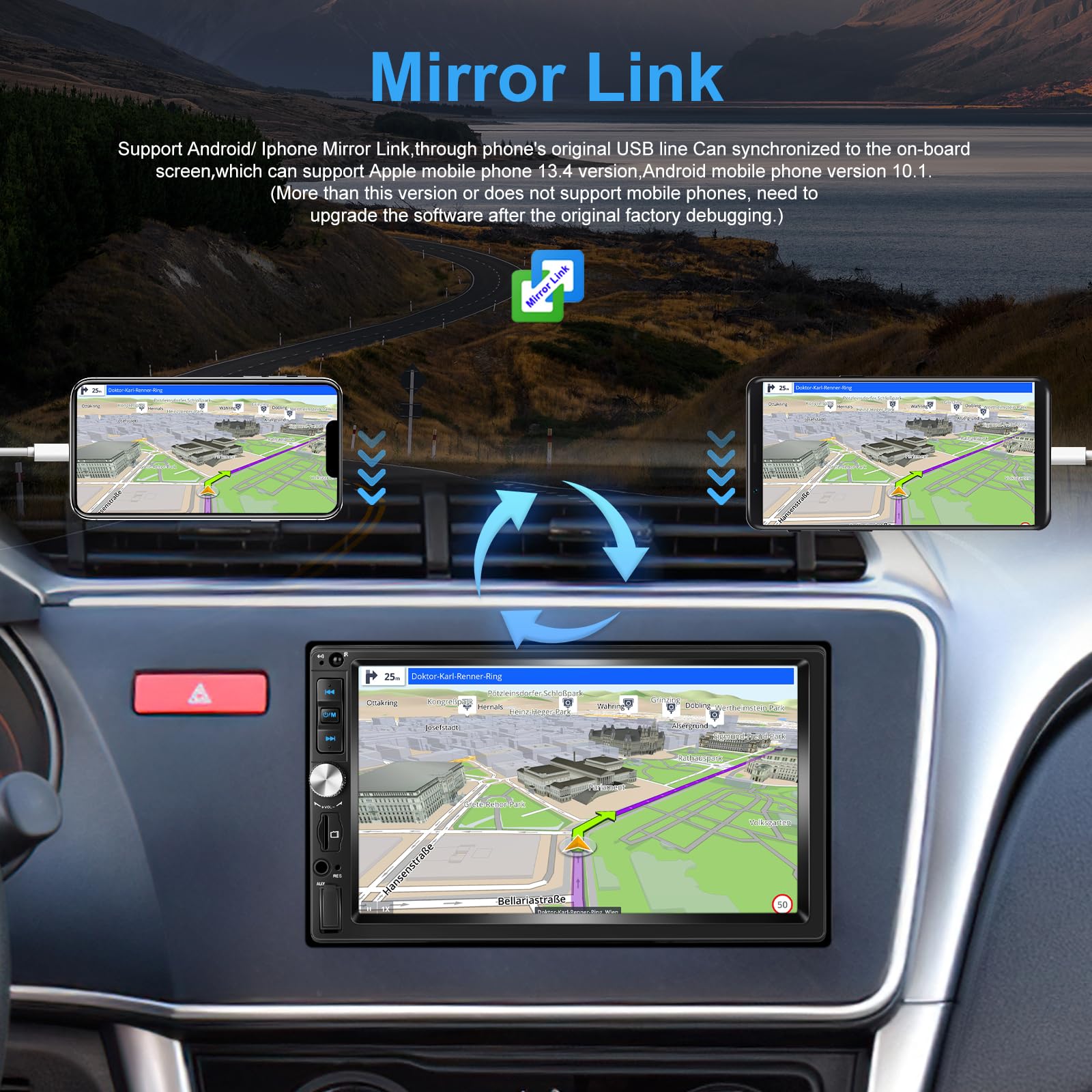 CAMECHO Double Din Autoradio Bluetooth, 7'' avec Écran Tactile MP5, Lecteur USB, Radio FM, Lien