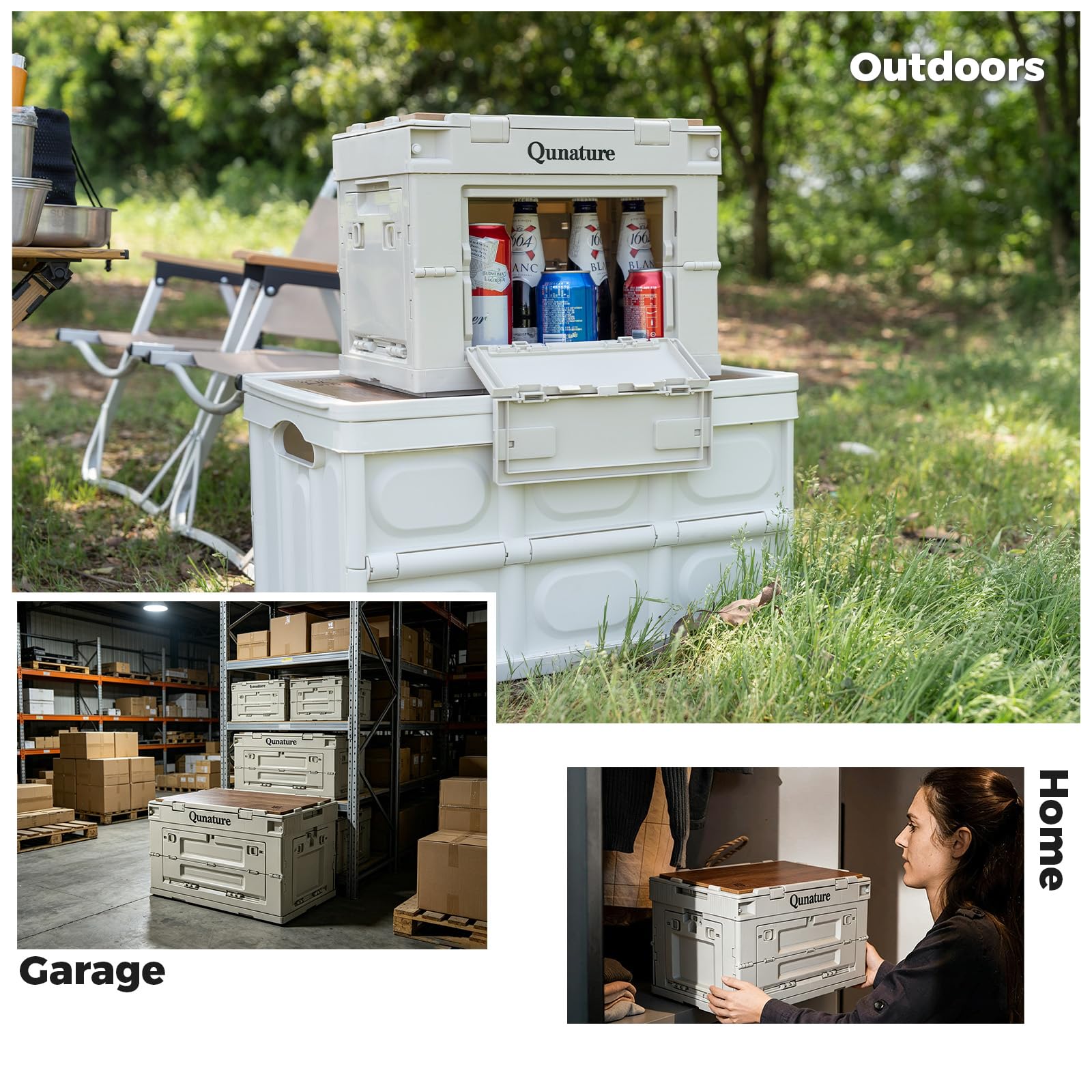 Scatola Portaoggetti da Campeggio 55L Pieghevole e Impilabile | Con Copertura in Legno, con Manico, Grande Contenitore Portatile in PP, Organizer per Bagagliaio Auto, Armadio, Casa, Picnic