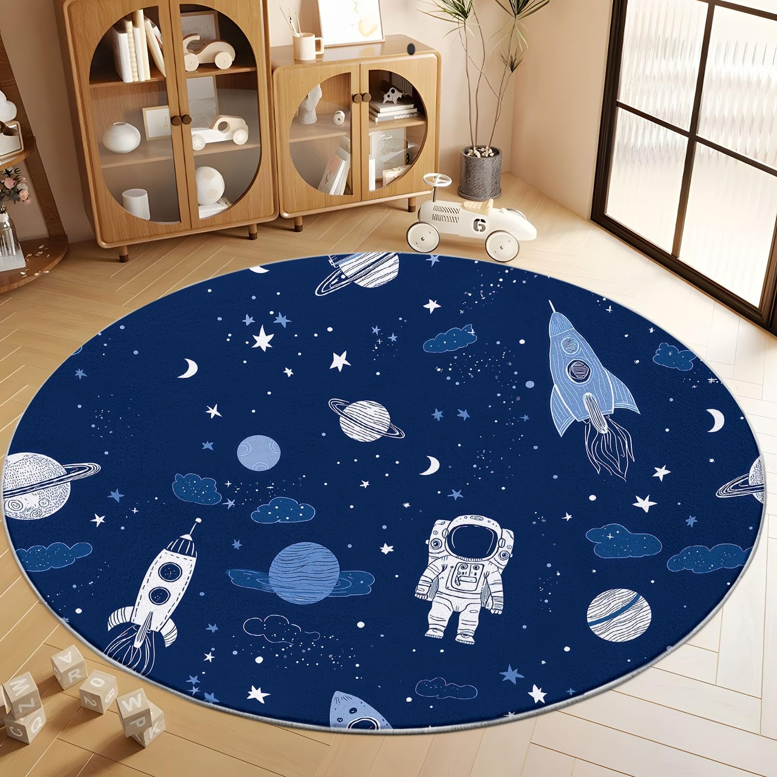 Tapis Rond Interieur 150 cm Dessin Animé Espace Fusée Astronaute, Tapis de Salon Lavable Bleu Marine - Moquette Moderne Doux Antidérapant pour Chambre à Coucher Canapé Chambre d'enfant Salle de Jeu