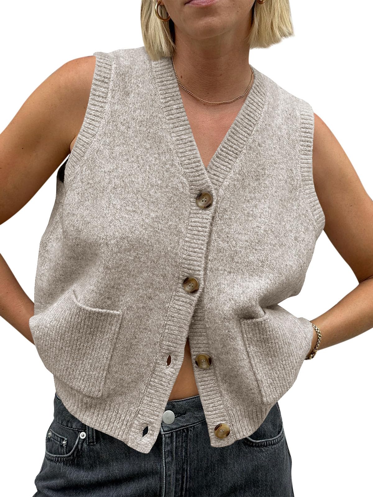 Women's Sleeveless Pullover Vest Loose Fit Knitted Vests Button V Neck Knitting Trendy Casual Cardigan with Pockets-image-45