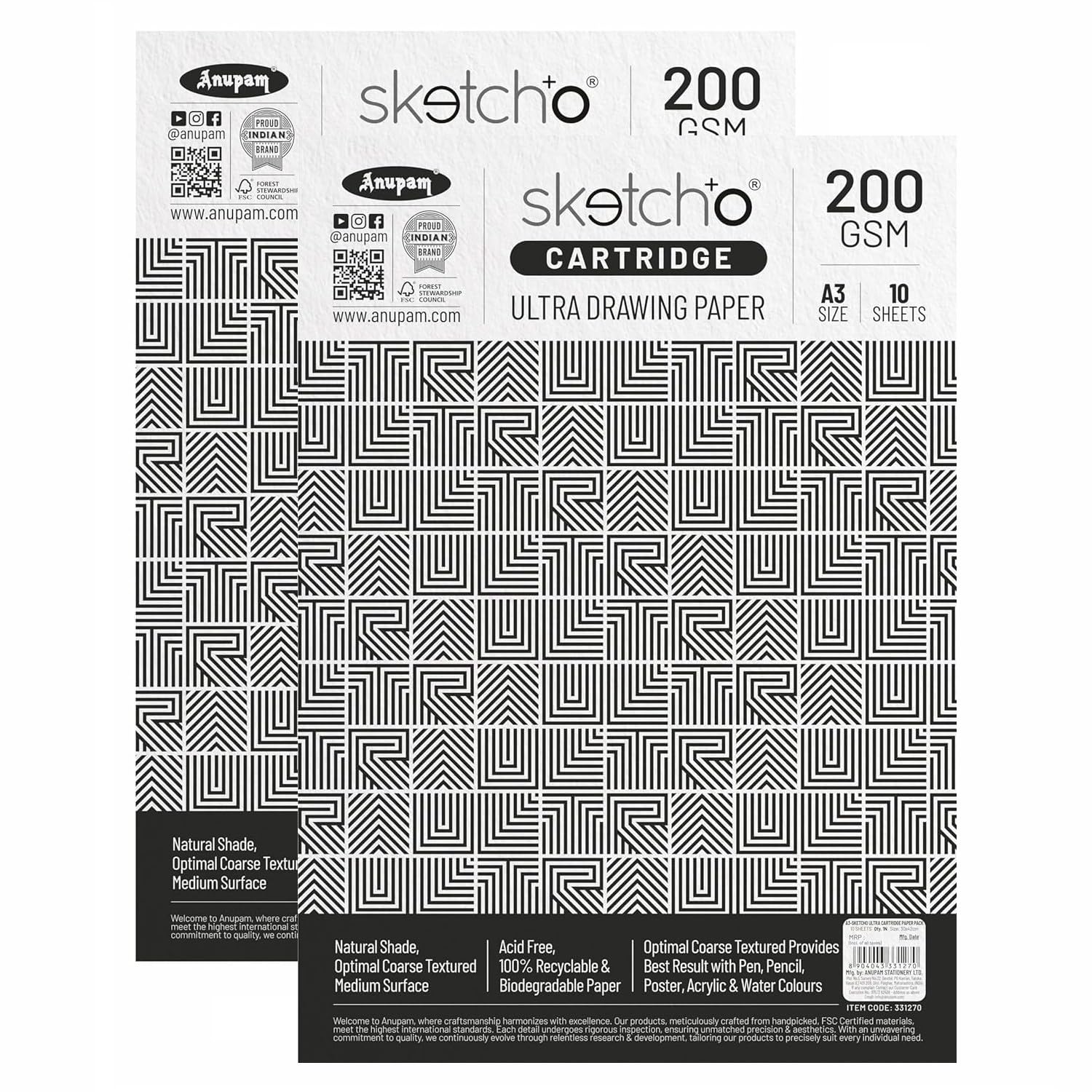 Anupam Sketch-O Ultra Artist Drawing Paper A3, 10 Sheet 200GSM, Durable Acid Free Drawing Paper Drawing Loose Sheet for Artists Kids & Professionals for Marker Colored,Pencil Charcoal (Pack of 2)