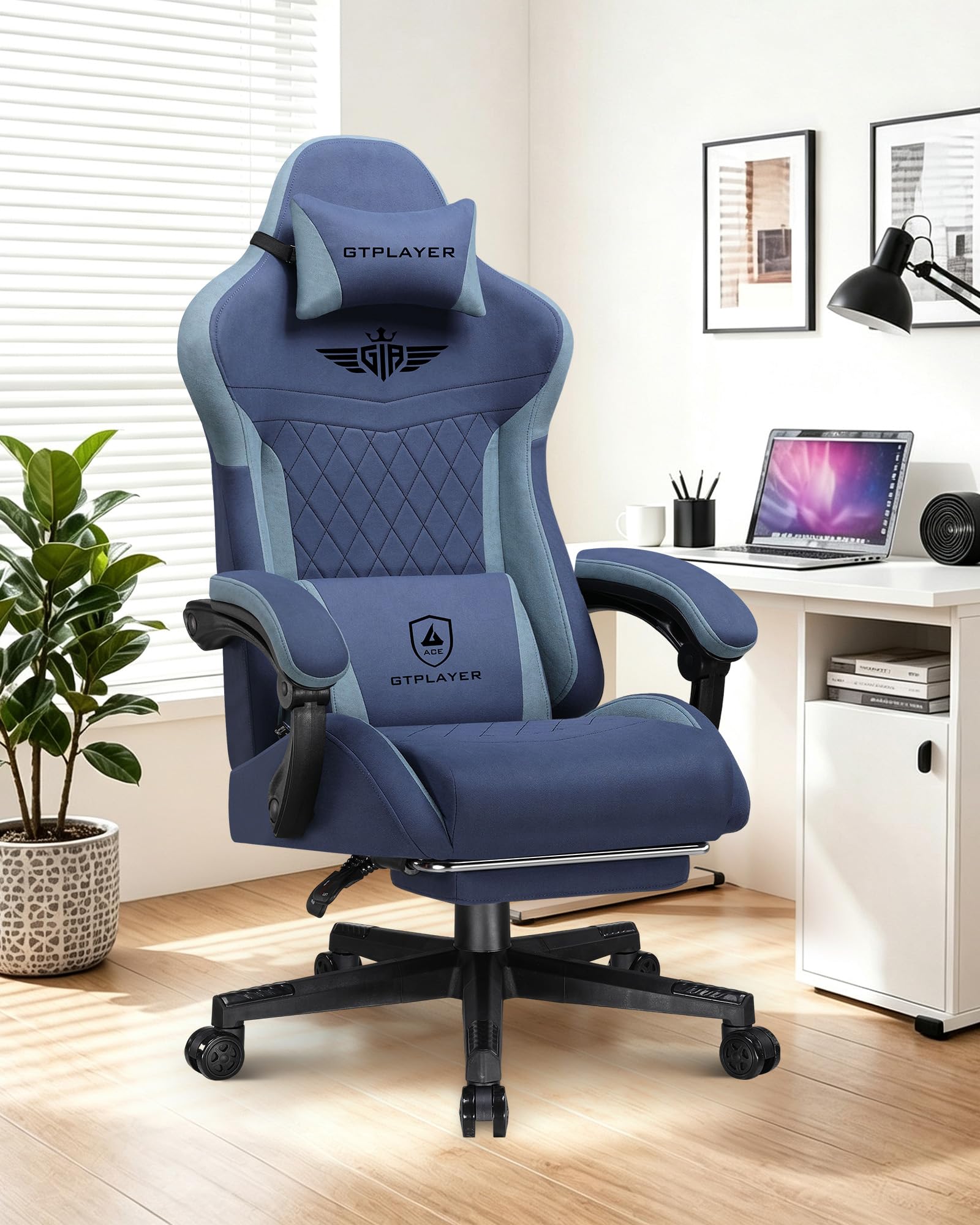 GTPLAYER Gaming Chair with Footrest, Big and Tall Game Chair High Back Computer Office Chair with Lumbar Support for Adults, Ergonomic Swivel Games Chair with Cushion Gaming, Fabric Blue