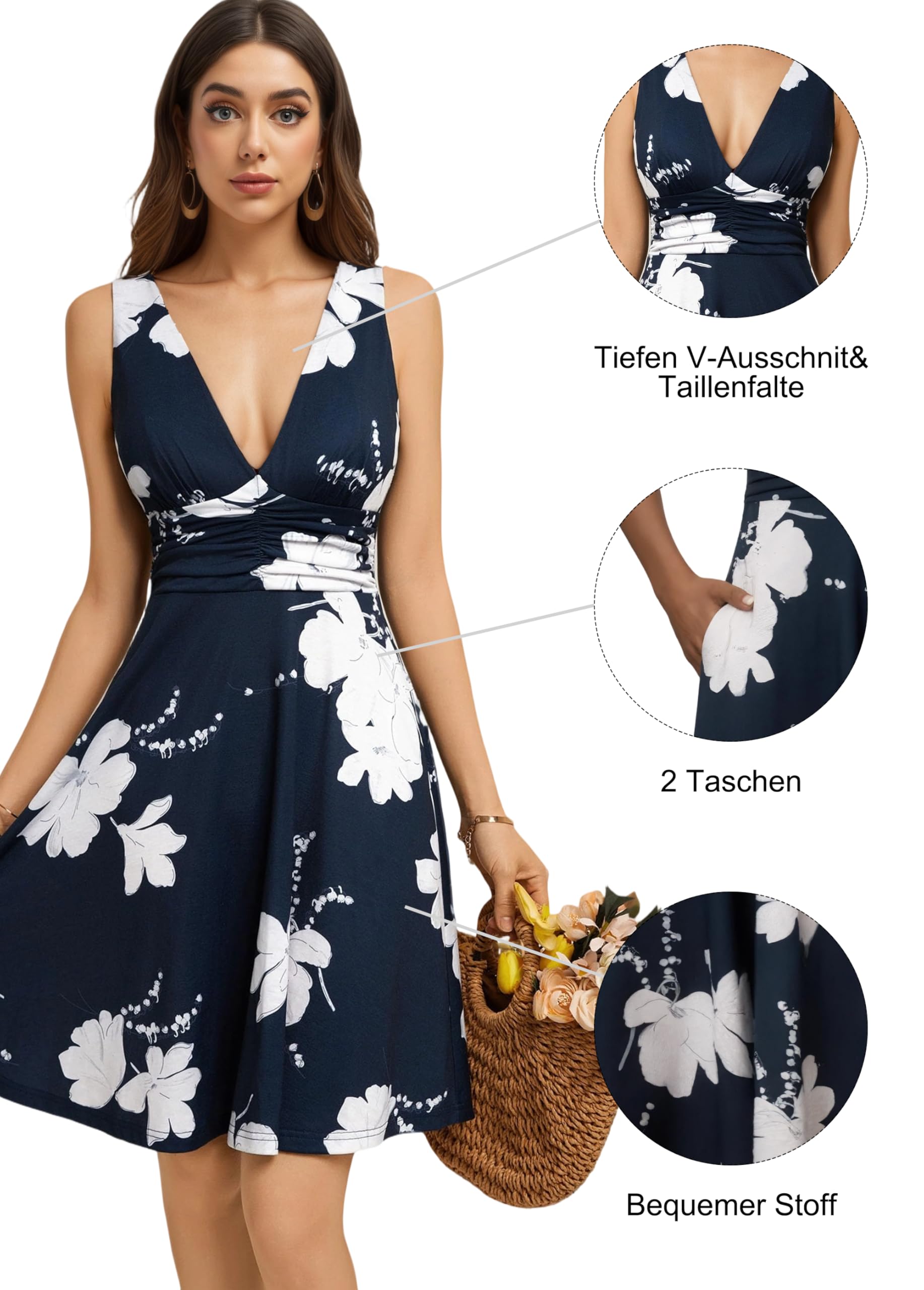 Jhsnjnr Sommerkleid Damen Tiefem V-Ausschnitt Korsett Bunte Strandkleid mit Taschen Kurz A Linie Ärmellos Blumen Kleider