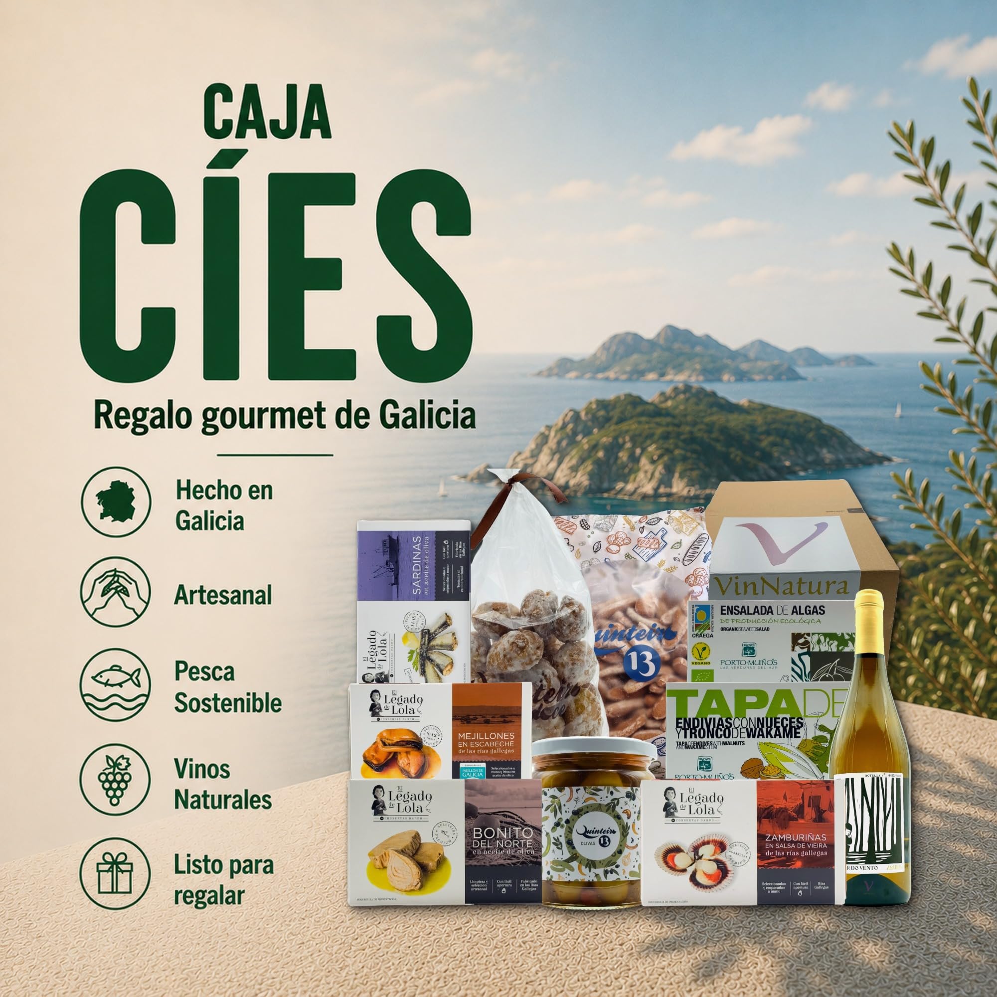 Cesta Gourmet Cíes de VinNatura con Conservas Artesanales y Vino Godello | Regalo gourmet gallego, regalos de empresa, cesta con vino, elaboración tradicional, tarjeta personalizable