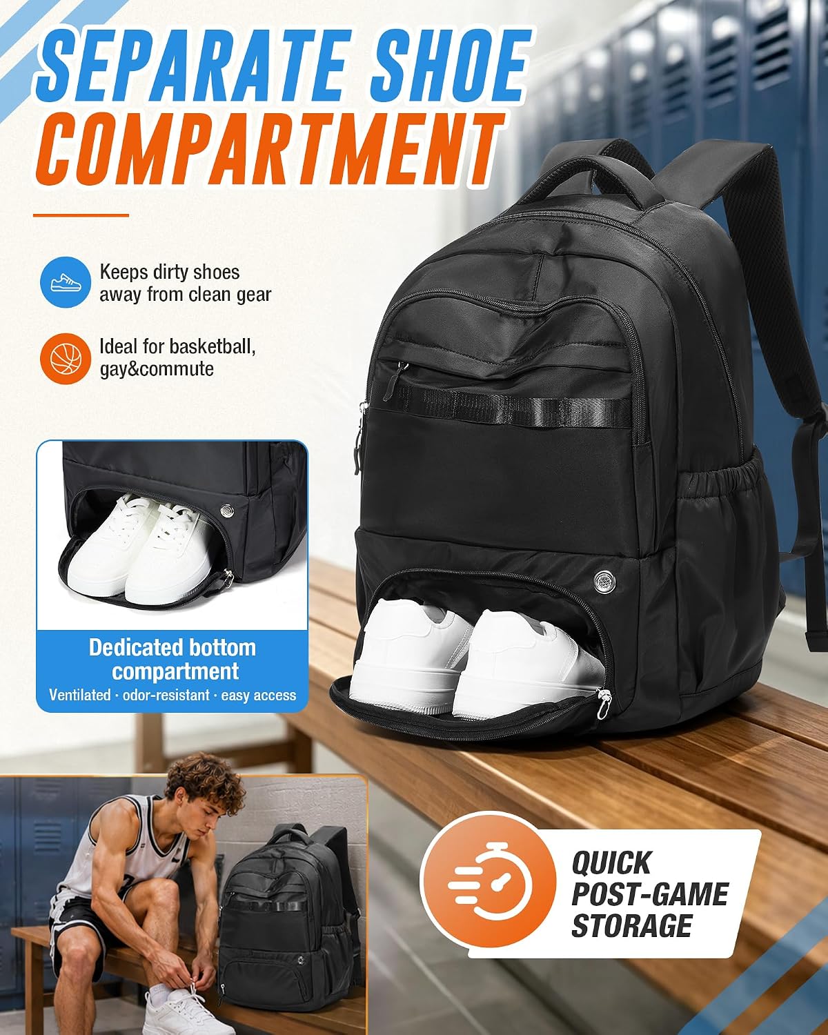 Large Gym Backpack for Women Men with Shoe Compartment and Wet Pocket Black