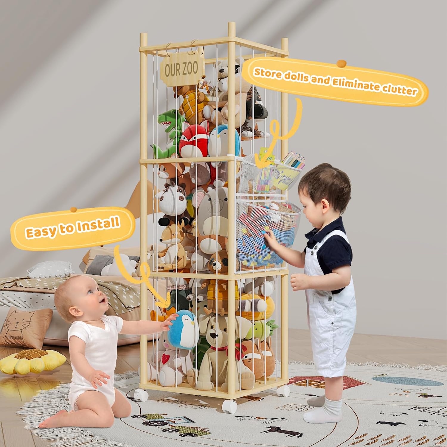Stuffed Animal Storage, Wood Stuffed Animal Zoo with Wheels & Net, Toy Storage Organizer with Elastic Band, Large Capacity Toy Holder for Nursery, Playroom (3-Layers) - Image 4