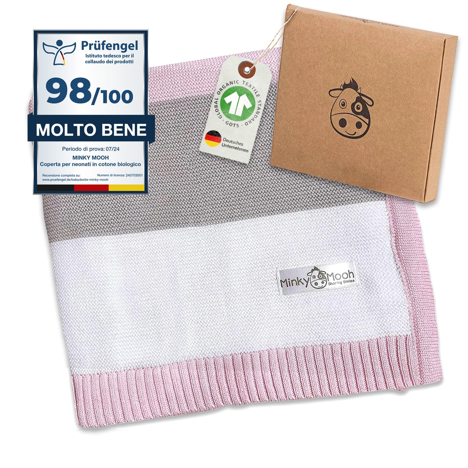 Coperta per bambini in cotone biologico, Oeko-Tex 100, coperta per gattonare e prigionia, regalo per nascita e primo equipaggiamento, 94 x 72 cm, rosa