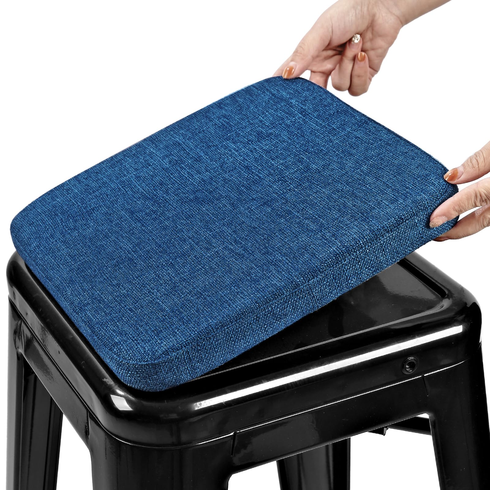 BUYUE Friendly Woven Fabric Magnetic Bar Stool Cushion 1 Piece, Enhanced Anti-Slip Breathable Small Chair Seat Pad for Café Bistro Stackable Metal Stool (Square, Dark Blue, 1)