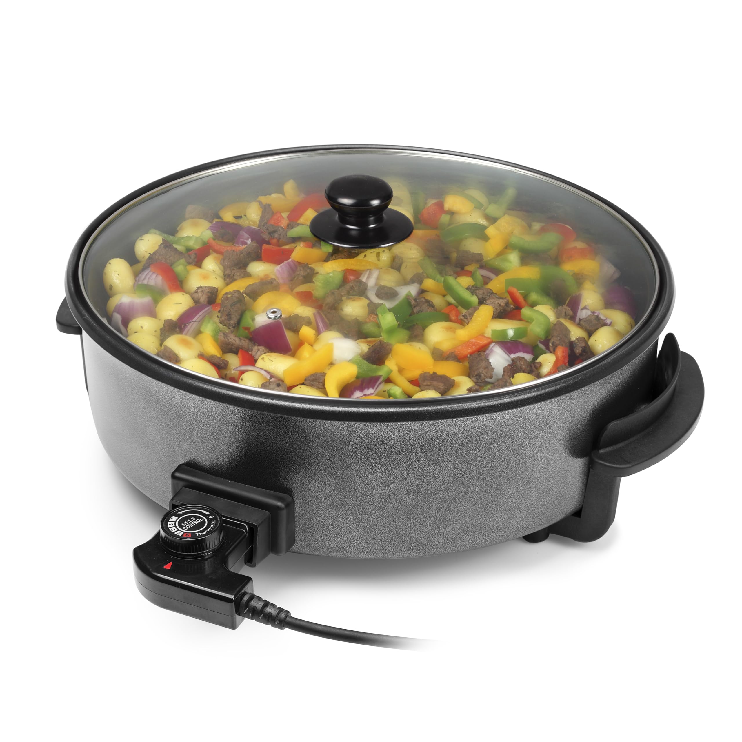 Tristar Poêle Électrique XXL, 40 cm de Diamètre, 7,5 L, Couvercle Amovible avec Évent Vapeur, Revêtement Antiadhésif, Thermostat Réglable, Poignées Froides, PZ-9146