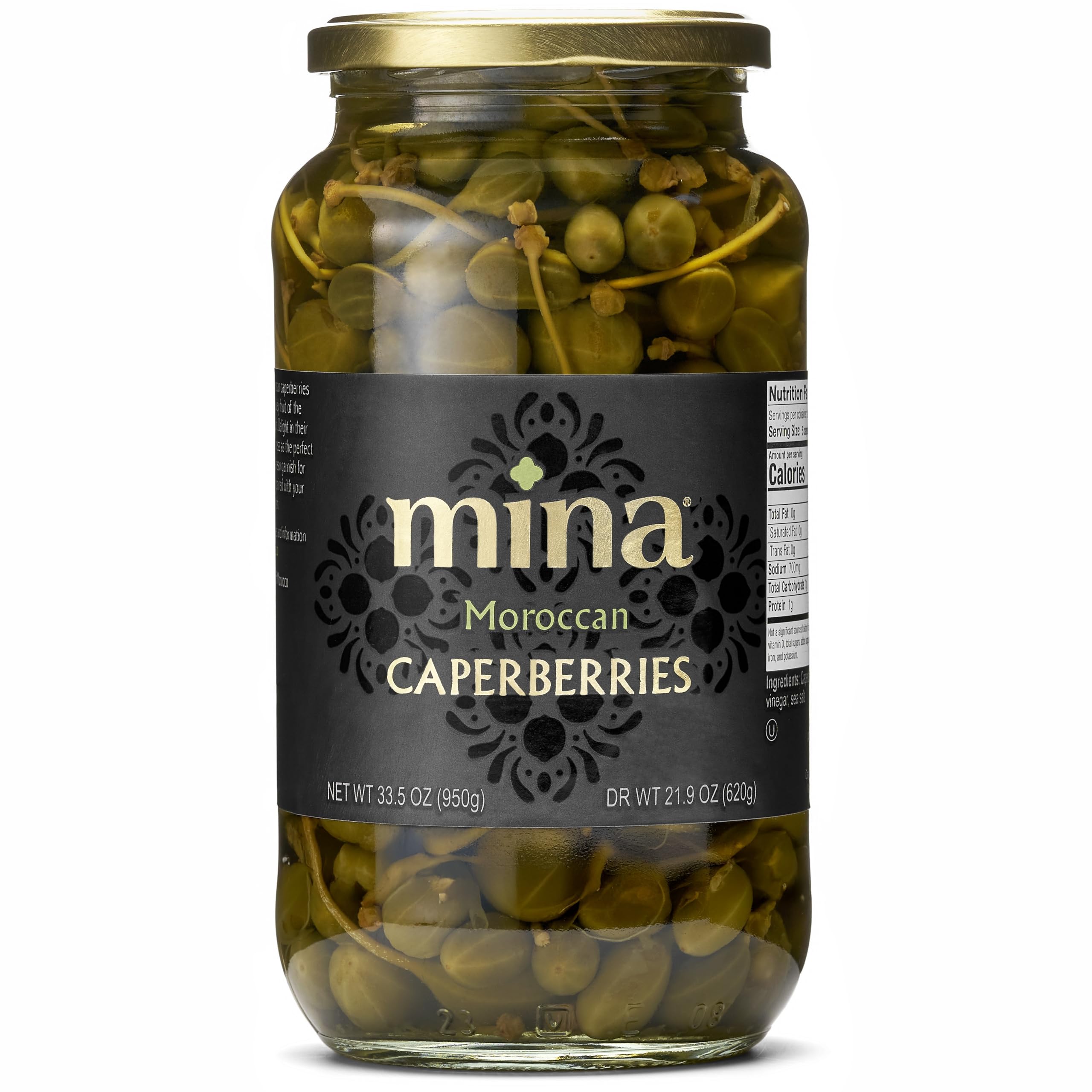 Mina Caperberries 33.5 oz, Premium Caper Berries with Stems, Perfect Mediterranean Seasoning or Garnish, Made with Caperberries, Vinegar, Water, and Sea Salt, Non-GMO, Vegan, Gluten-Free, Keto, Paleo
