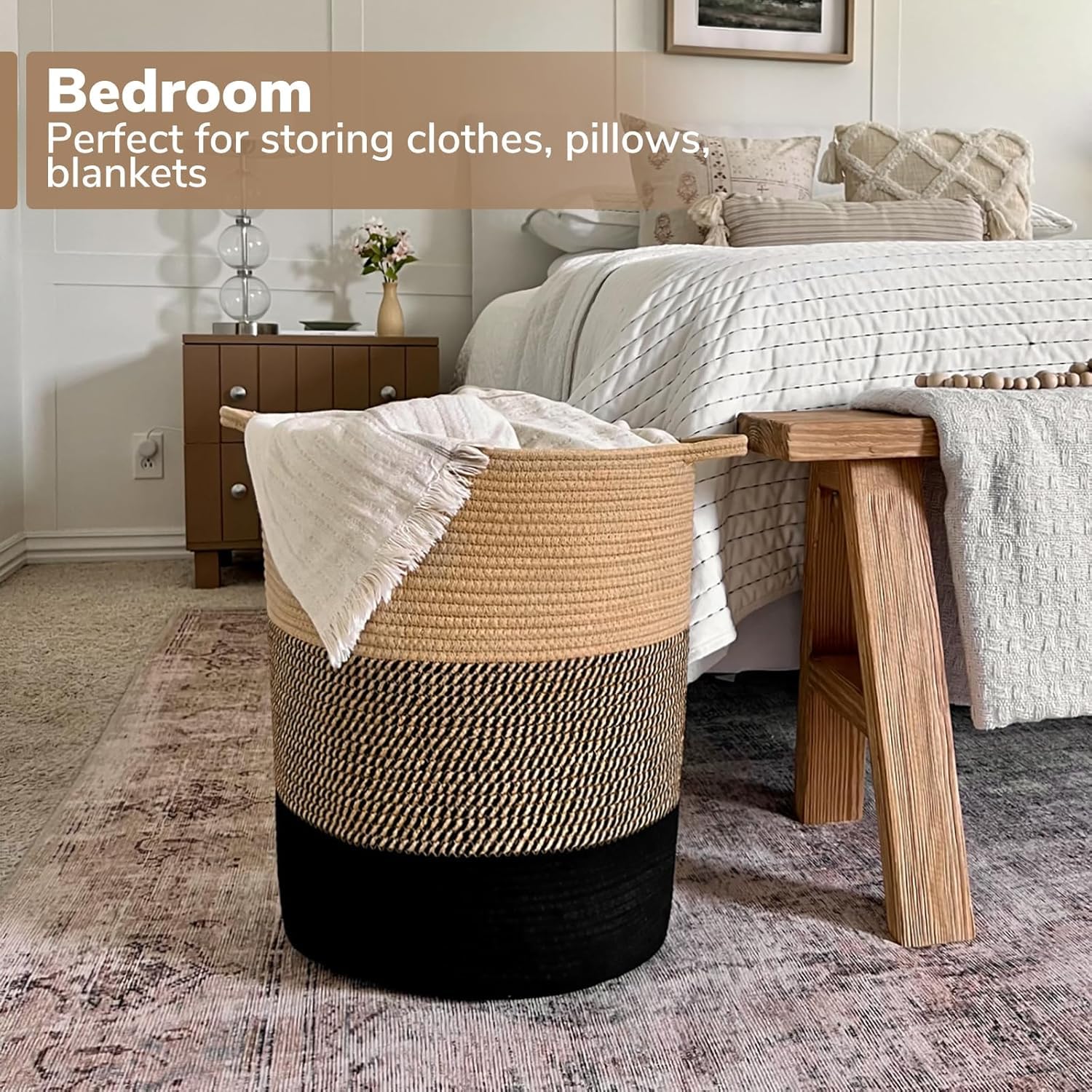 ALBY® Large Rope Basket - Tall Laundry Basket Hamper for Dirty Clothes Woven Jute Storage Basket for Blanket in Living Room Toy Basket for Nursery Storage, 17.8" x 15.8" x 13.8" (BLACCK & JUTE) 4