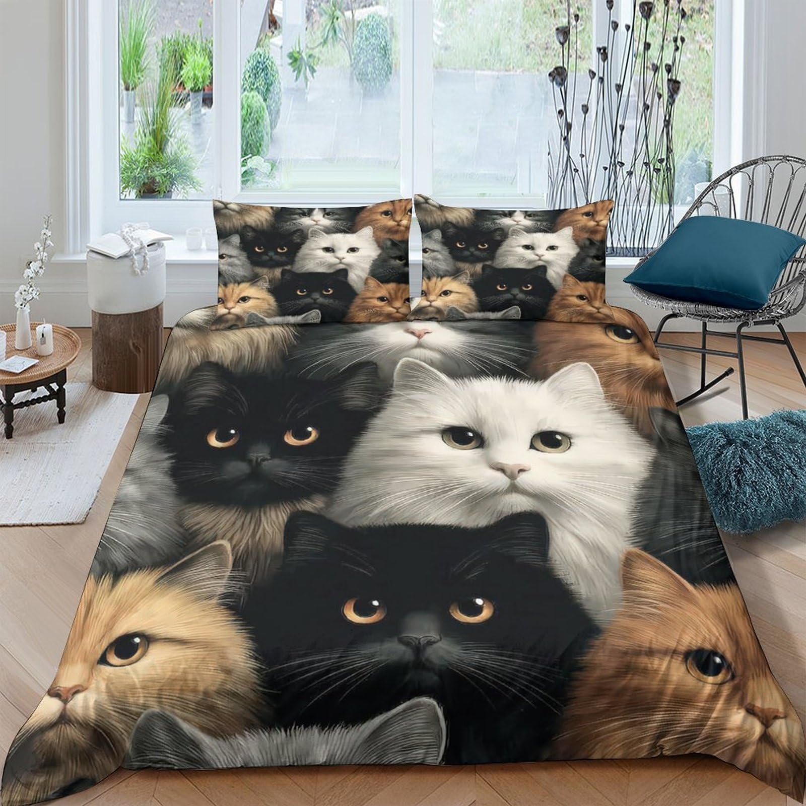 GPLZQXKJNH 3D Printed Cat Pattern Duvet Cover Microfiber Soft Breathable Feline Portrait Bedding Set with 2 Pillowcases for Bedroom Decor Single（135x200cm）
