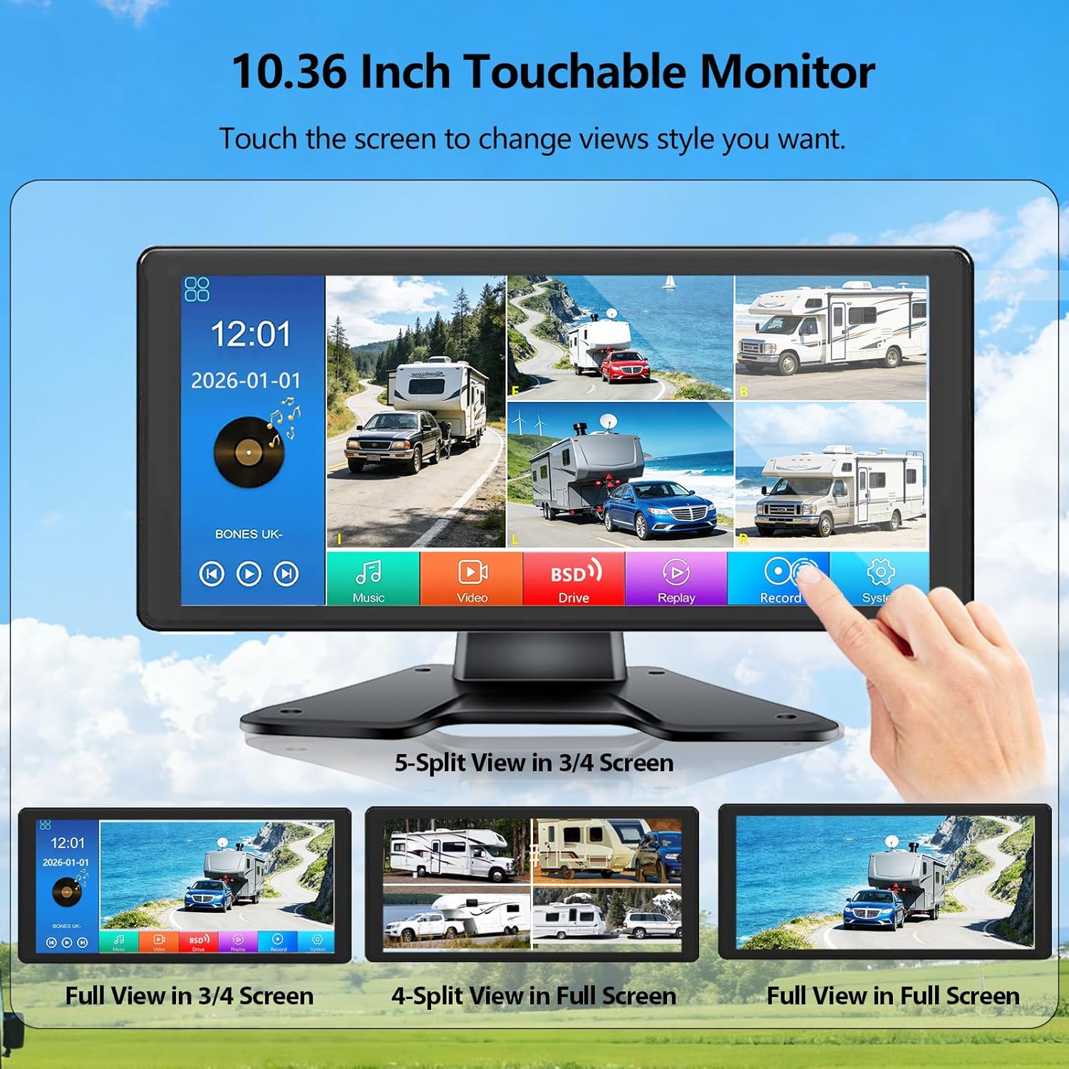 RV Camera System, 10.36" Touch Screen DVR 5 Channel Split Monitor with Blind Spot Detection, IP69 Waterproof Night Vision 1080P Backup Front Rear Side View Camera for RV Truck Trailer Camper